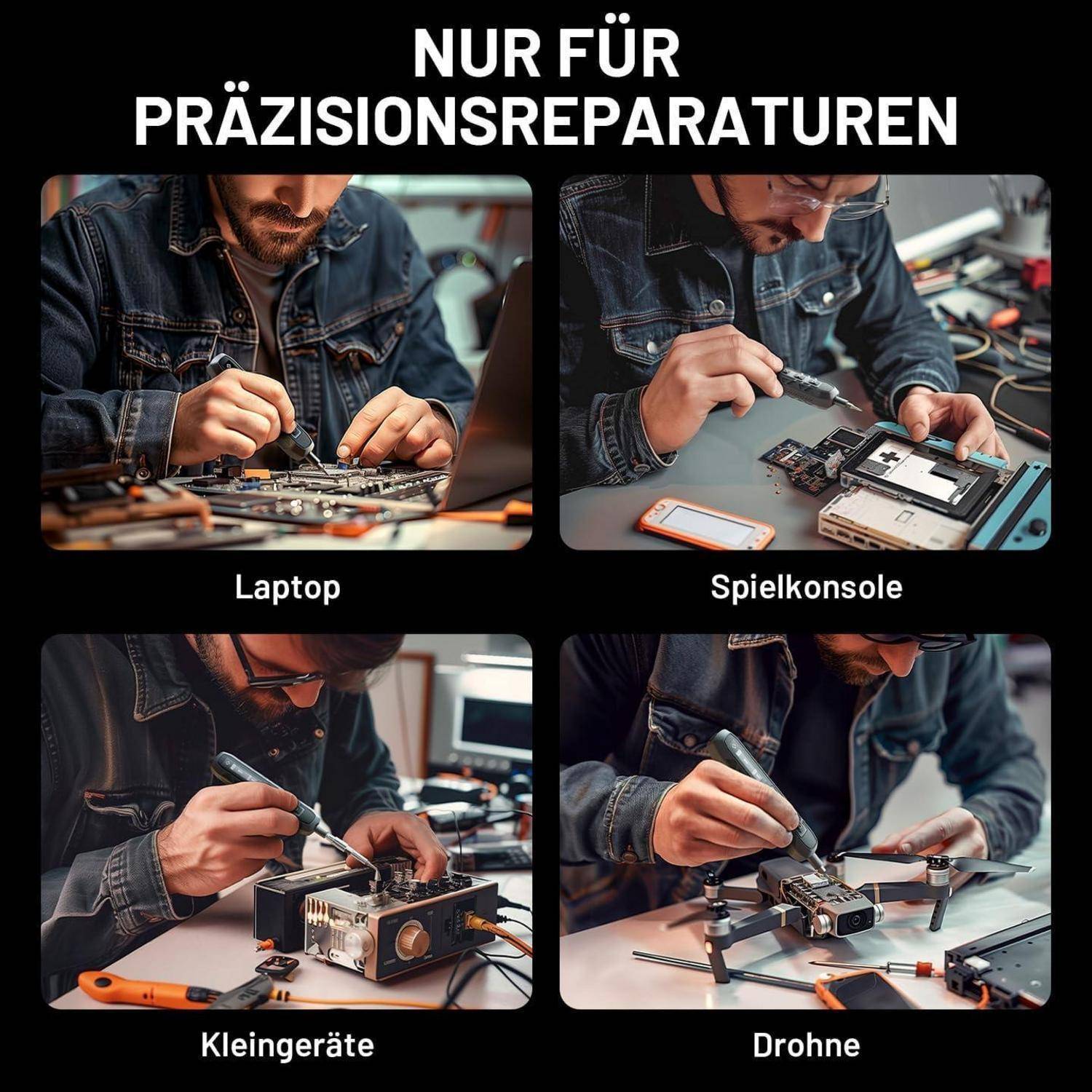 Ein Techniker, der an verschiedenen Geräten wie einem Laptop, einer Spielekonsole, kleinen Gadgets und einer Drohne arbeitet, mit dem Text 'Nur für Präzisionsreparaturen'.