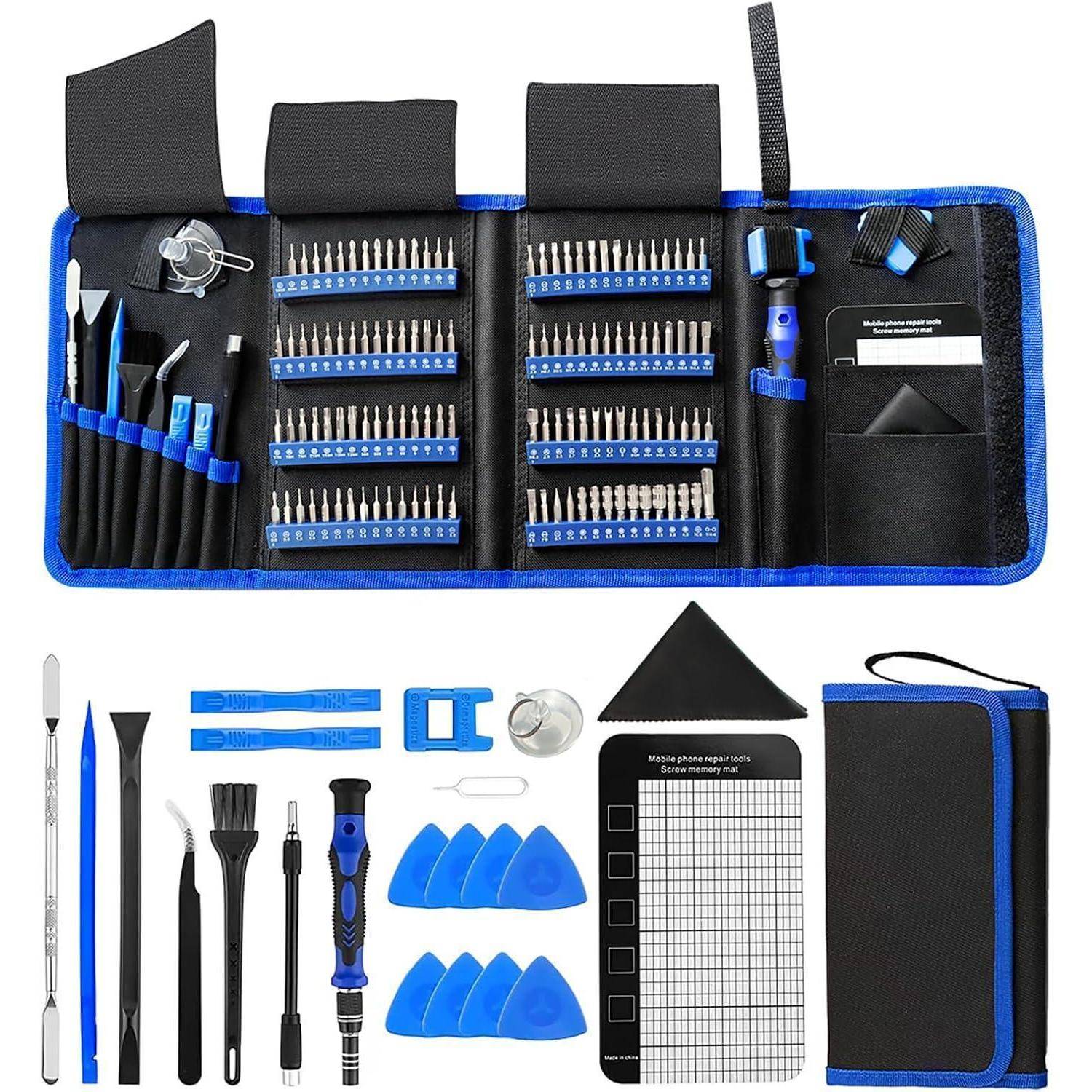 Ein Werkzeugset mit verschiedenen Präzisionsschraubenziehern, Pinzetten, einer Bürste und Hebewerkzeugen, ordentlich auf einem schwarz-blauen Organizer angeordnet.