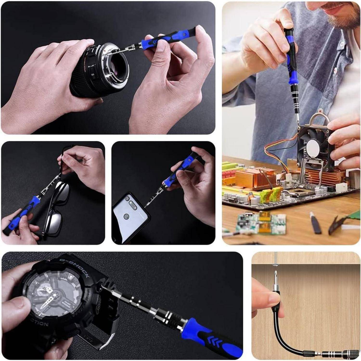 Bildserie, die eine Person zeigt, die einen Präzisionsschraubendreher verwendet, um Folgendes zu reparieren oder zu warten: Kameraobjektiv, Brille, Smartphone, Armbanduhr und elektronische Baugruppe.