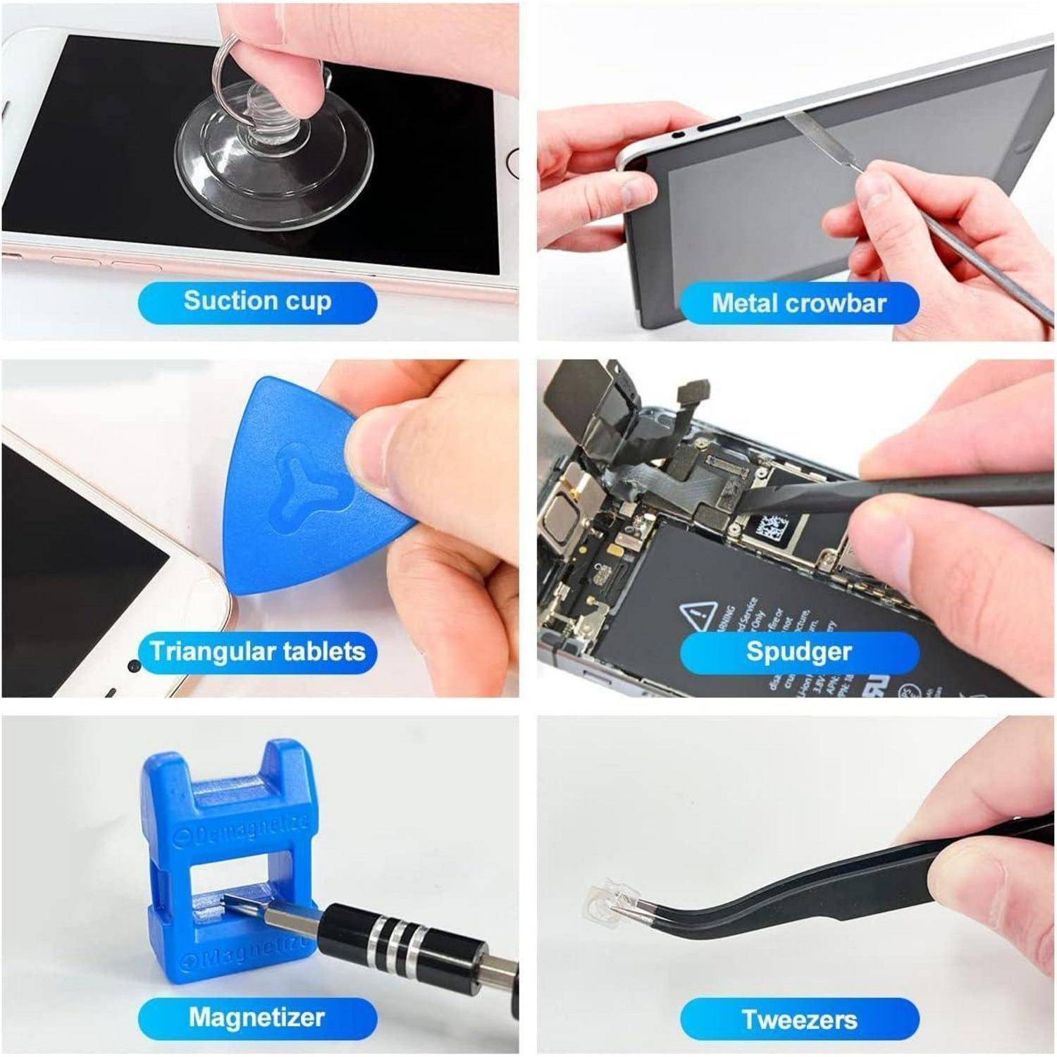 Sechs Bilder, die verschiedene Reparaturwerkzeuge zeigen: Saugnapf, Metallkreuzkeile, dreieckige Tabletten, Spudger, Magnetisierer und Pinzetten.