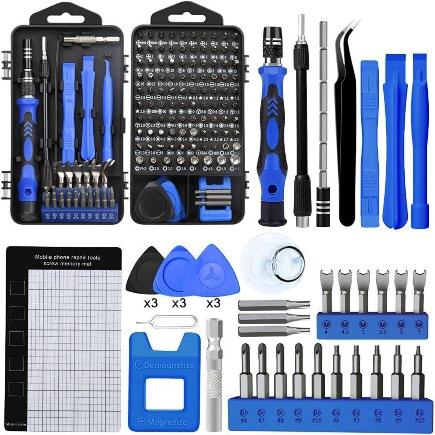 Ein umfassendes Smartphone-Reparatur-Werkzeugset mit einer Vielzahl von Schraubenziehern, magnetischer Unterlage, Pinzetten und anderen Präzisionswerkzeugen, die für die Elektronik-Reparatur unerlässlich sind.