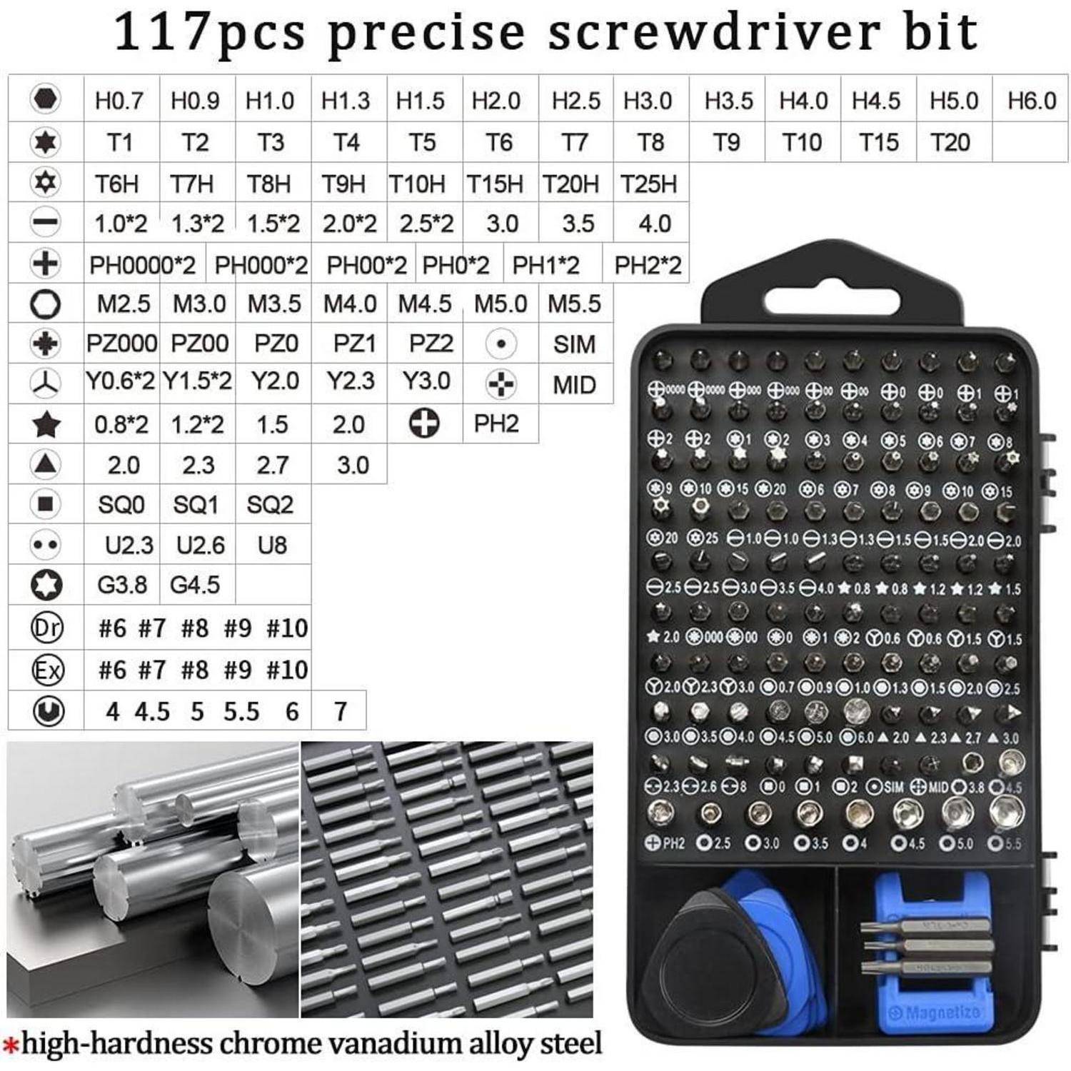 Schraubendreher-Set, 117 Teile, enthält verschiedene Bits wie PH-, T- und H-Typen. Magnetische Komponenten in einem schwarzen Koffer. Hergestellt aus Chrom-Vanadium-Legierungsstahl.