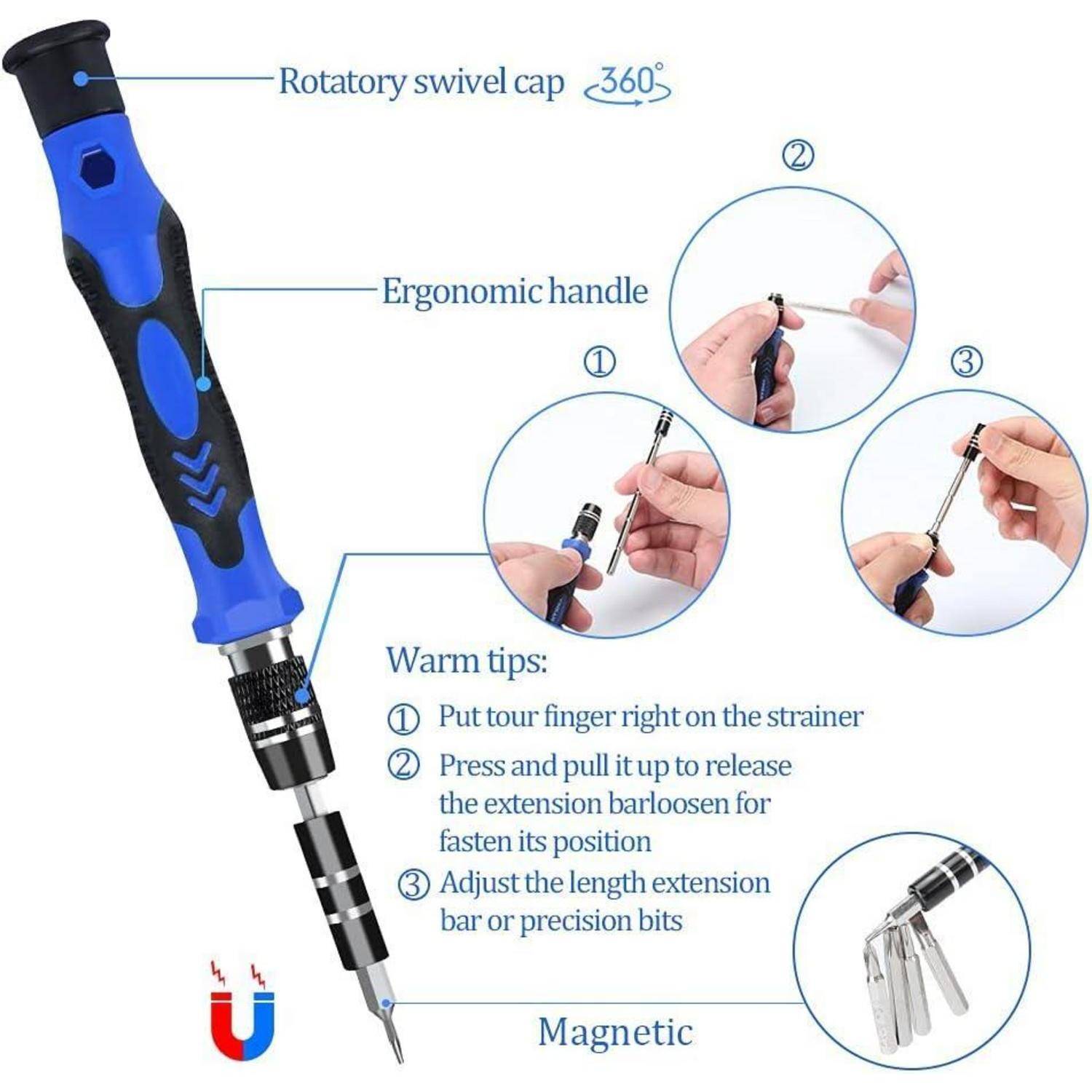 Ein blauer und schwarzer ergonomischer Schraubendreher mit magnetischer Spitze und drehbarer Kappe. Enthält Anleitungen zum Einstellen und Befestigen von Komponenten.