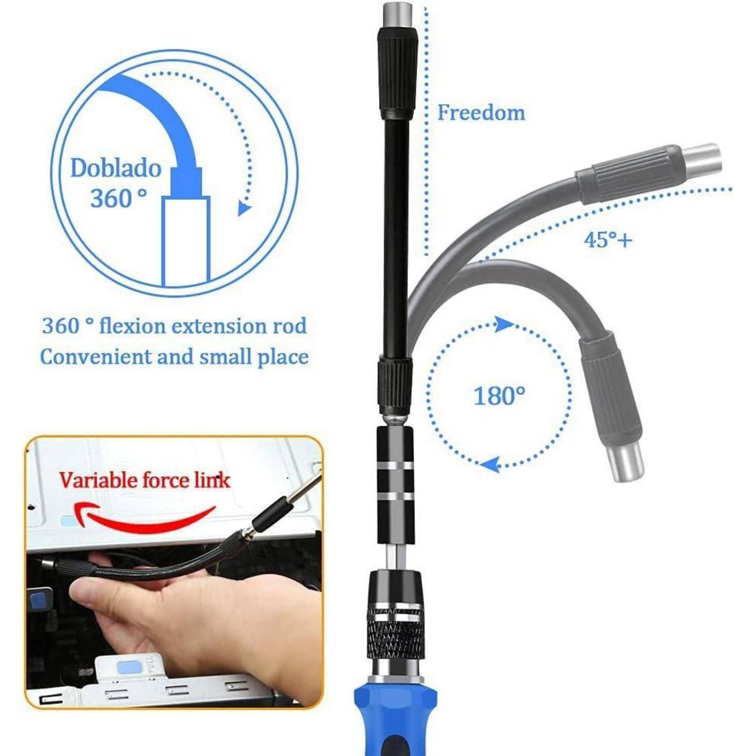 Abbildung zeigt eine 360° Flex-Extensionsstange für Werkzeuge, die Flexibilität in Winkeln von 45° und 180° demonstriert. Merkmale umfassen ein kleines, praktisches Design.