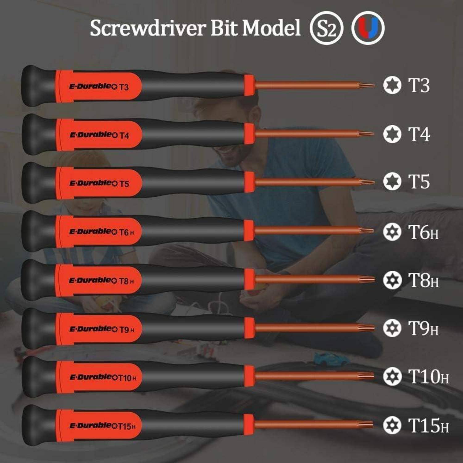 Ein Bild, das einen Satz von acht E-durable Schraubendrehereinsätzen mit den Bezeichnungen T3 bis T15h zeigt, die neben einer Modellnummer und einem Markennamen platziert sind.