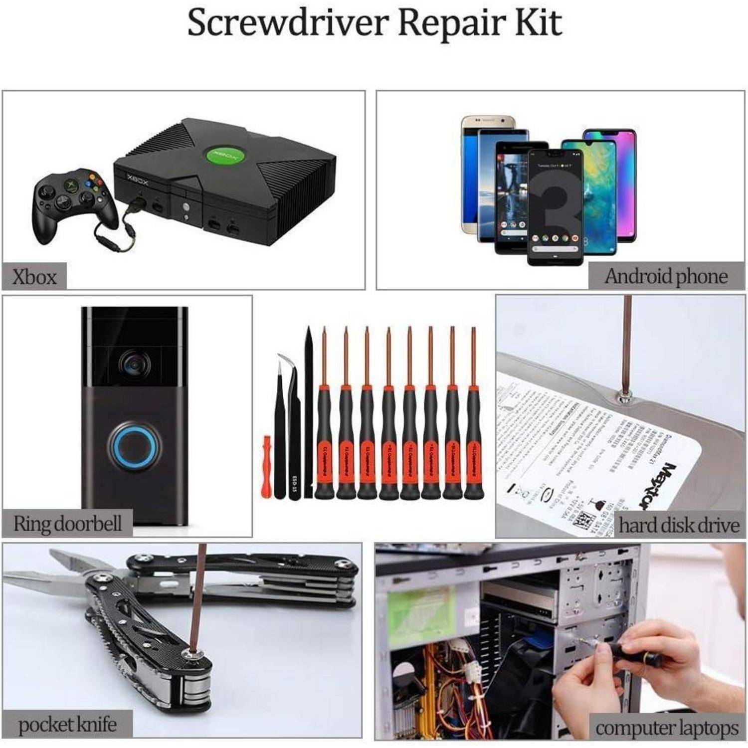 Reparatur-Set für Schraubendreher, das Reparaturen an Xbox, Android-Handy, Ring-Türklingel, Festplatte, Taschenmesser und Laptops zeigt