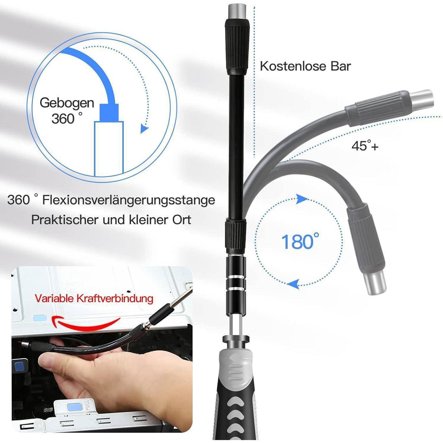 Flexionsextensionsstab mit 360° Rotation, variabler Leistungsverbindung und kompaktem Design. Enthält Diagramm mit Biegewinkeln.
