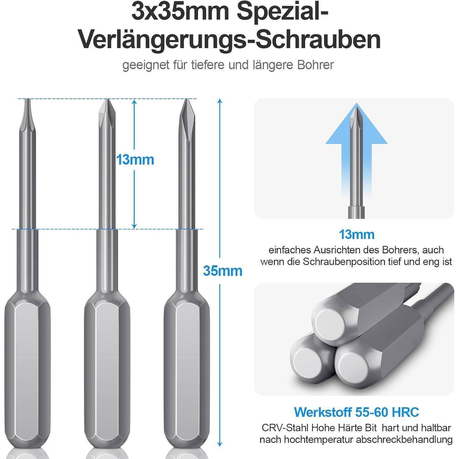 3x35mm Spezial-Verlängerungs-Schrauben für längere Bohrungen. Eigenschaften: 13mm Durchmesser, 35mm Länge, hohe Beständigkeit CRV-Stahl, geeignet für enge Räume.