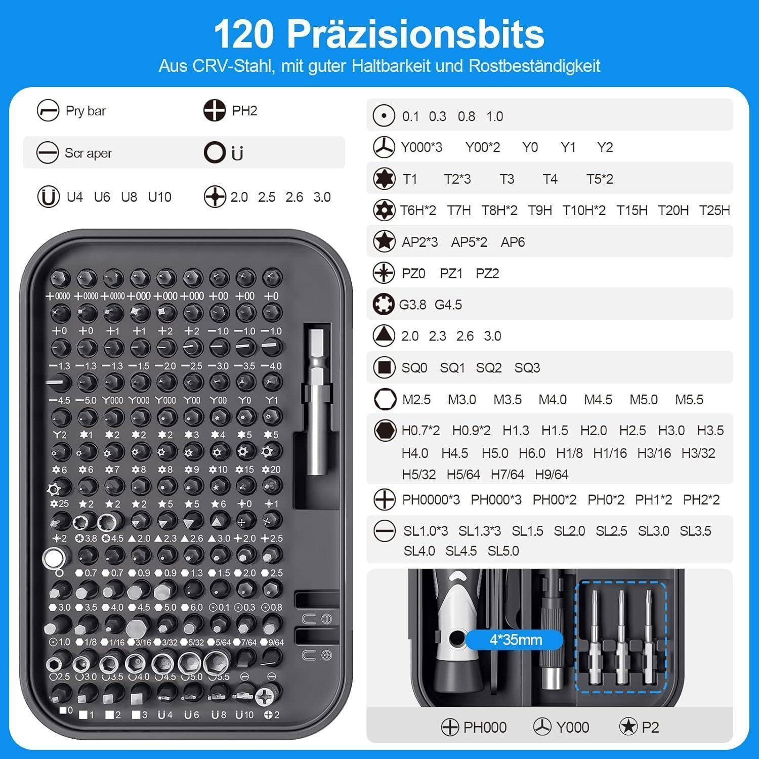 120 Präzisionsbits' Set präsentiert mit verschiedenen Schraubendreher-Köpfen, gekennzeichnet nach Größe und Typ, hergestellt aus CRV-Stahl für Langlebigkeit und Korrosionsbeständigkeit.