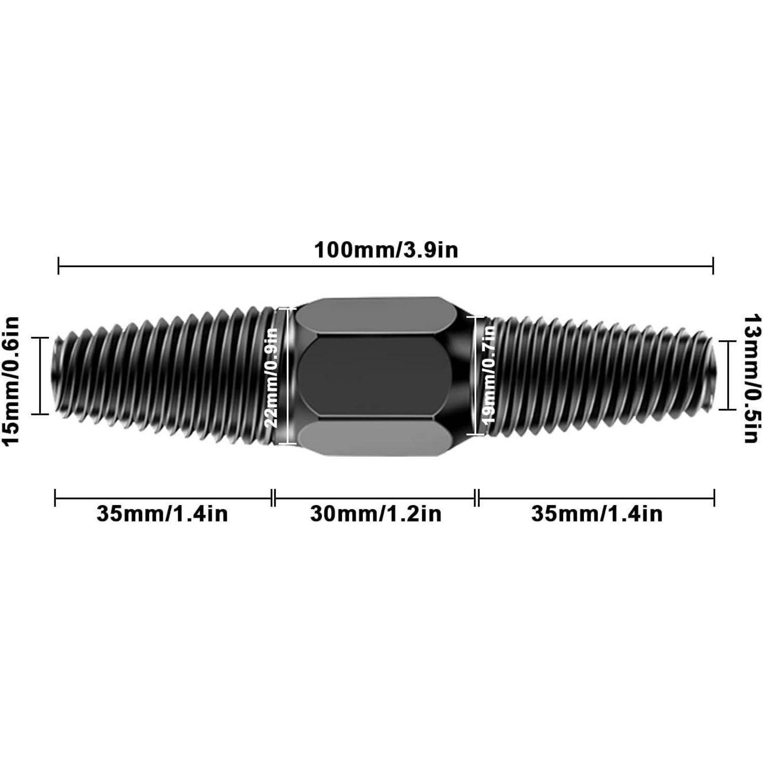 Ein Metall-Rohradapter mit gewellten Erweiterungen an beiden Enden. Beschriftete Abmessungen: 100mm/3,9in, 35mm/1,4in, 30mm/1,2in, 15mm/0,6in, 13mm/0,5in.