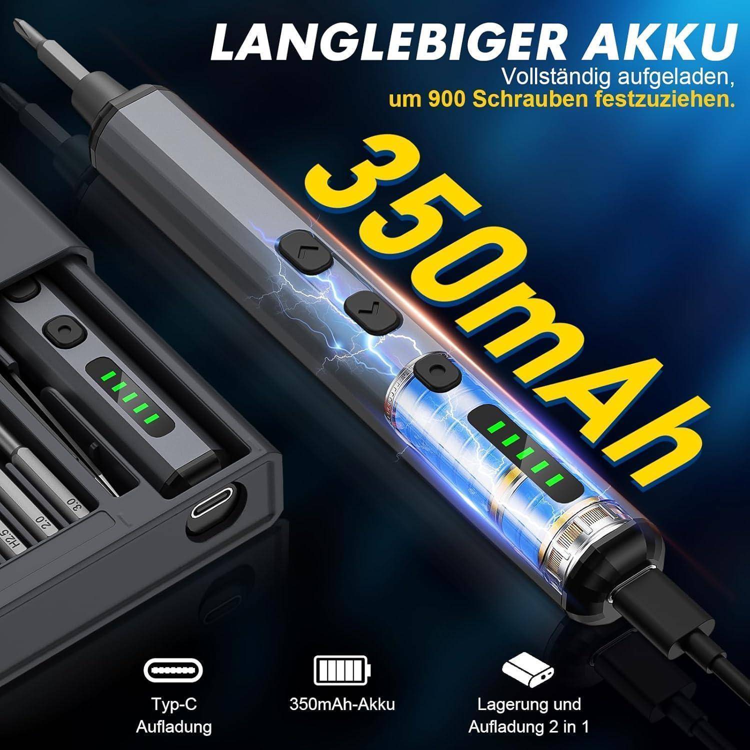 Elektroschrauber mit hervorgehobener '350mAh' Batterieleistung, Ladeanschluss und Steuerungstasten sichtbar. Text auf Deutsch betont Langlebigkeit.