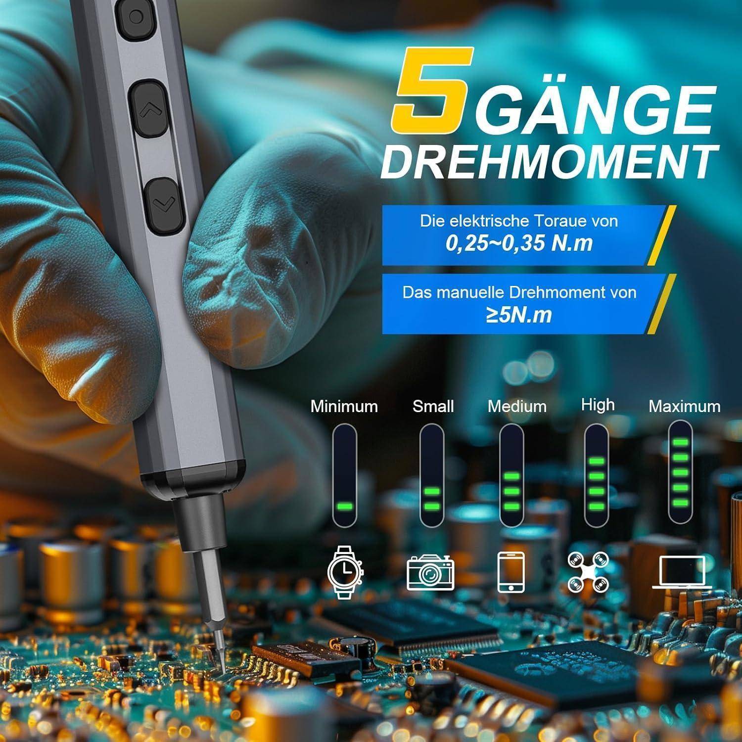 Eine Hand, die einen elektrischen Schraubendreher über einer Leiterplatte hält. Texthervorhebungen zeigen Drehmomentbereiche: 'Die elektrische Torque von 0,25-0,35 N.m' und 'Das manuelle Drehmoment von ≥5N.m'.