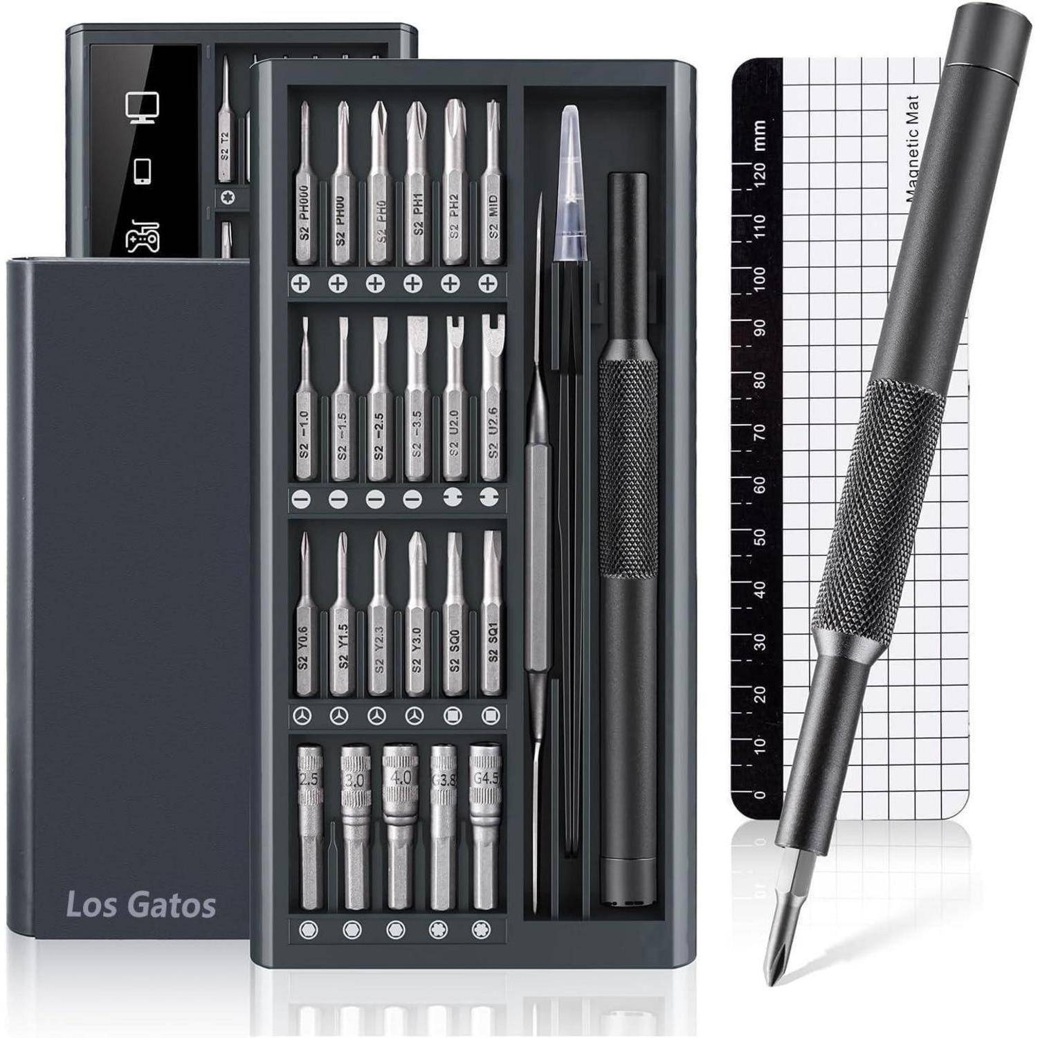 Ein Präzisionsschraubendreher-Set mit verschiedenen auswechselbaren Bits, Pinzetten und einem Magnetisierer/Entmagnetisierer, ideal für die Elektronik-Reparatur.