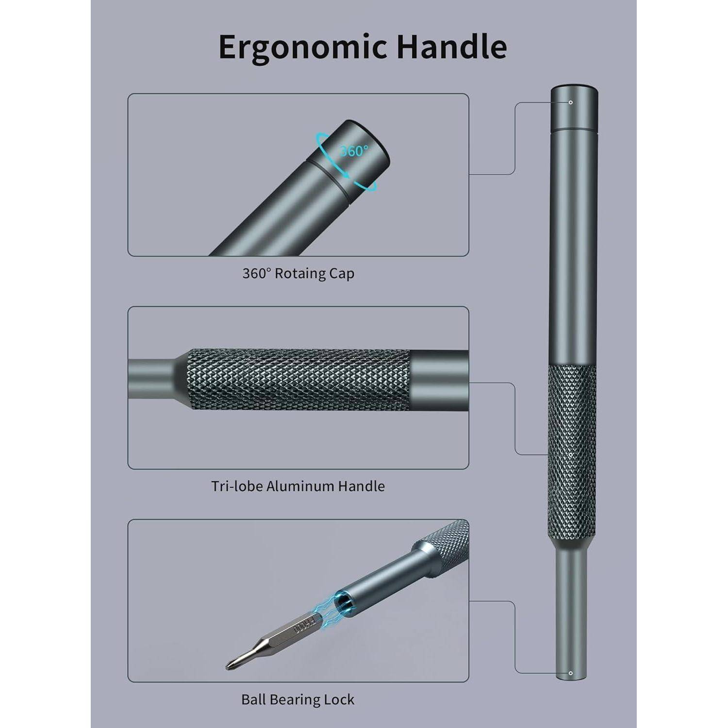 Die 'Ergonomische Griff'-Funktion verfügt über eine um 360° drehbare Kappe, einen dreiblättrigen Aluminiumgriff und eine Kugellager-Arretierung, alles in einem detaillierten Diagrammlayout.