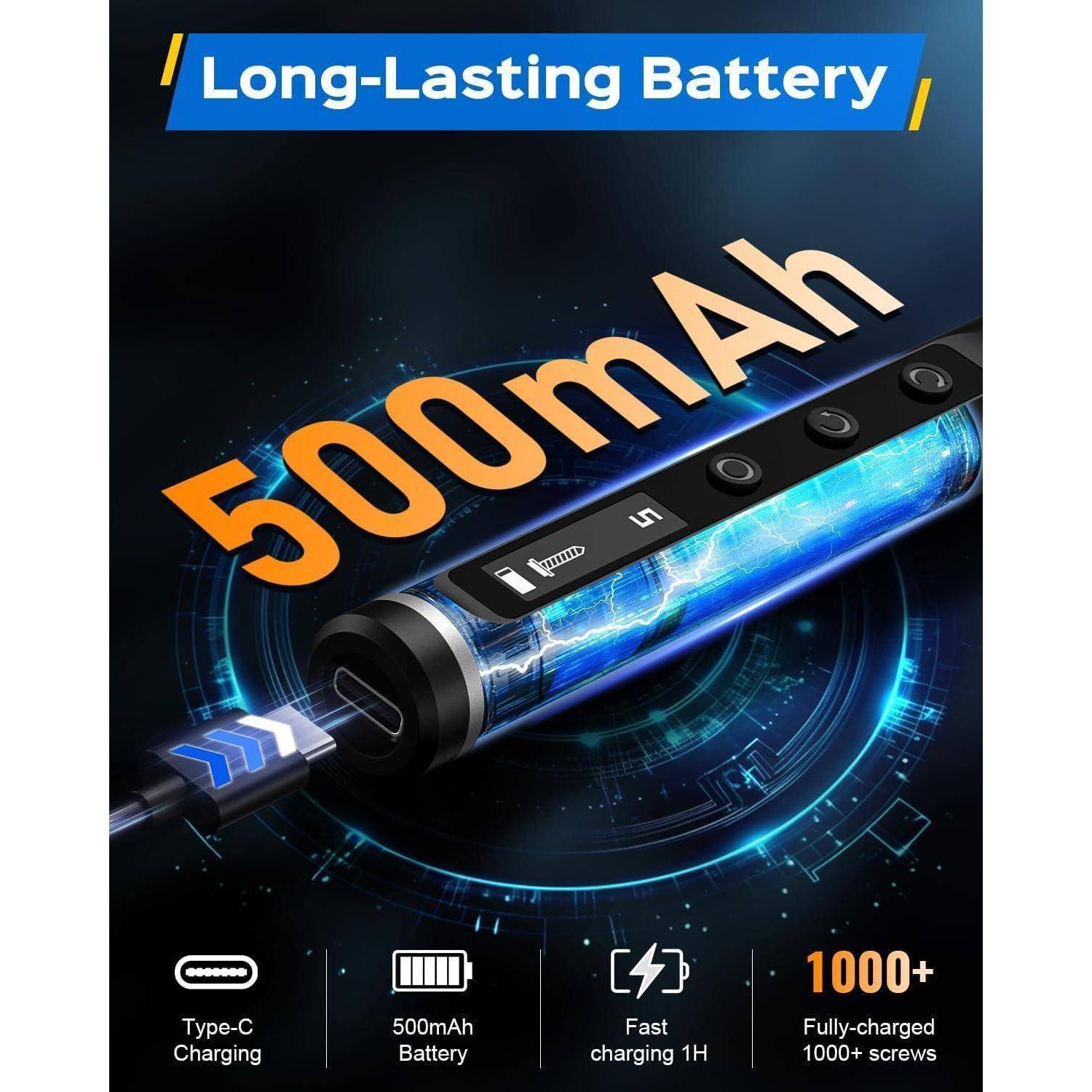 Tragbarer elektrischer Schraubendreher mit 500mAh-Akku, mit Type-C-Ladeanschluss, schnelles Laden innerhalb von 1 Stunde und über 1000 Nutzungen.
