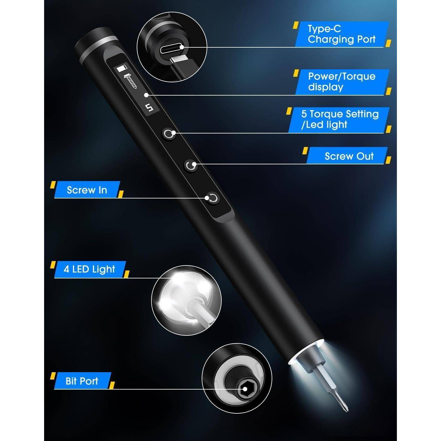 Elektrischer Schraubendreher mit USB-C-Ladeanschluss, Leistungs-/Drehmomentanzeige, 5 Drehmomenteinstellungen, LED-Licht, Schrauben ein-/ausdrehen und Bitanschluss.