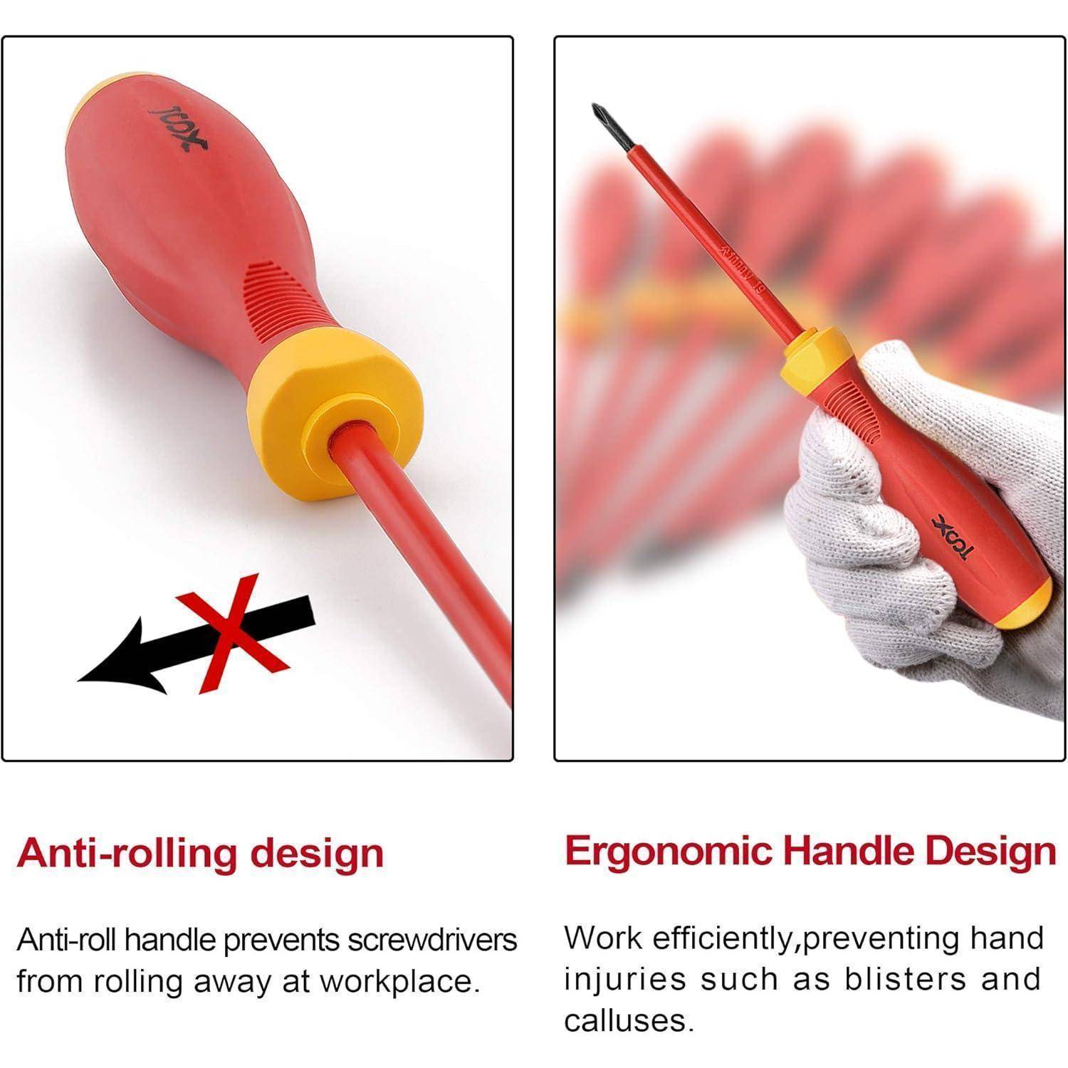 Anti-Rolldesign: Der Anti-Roll-Griff verhindert, dass Schraubendreher am Arbeitsplatz wegrollen. Ergonomisches Griffdesign: Arbeiten Sie effizient und beugen Sie Handverletzungen wie Blasen und Schwielen vor.