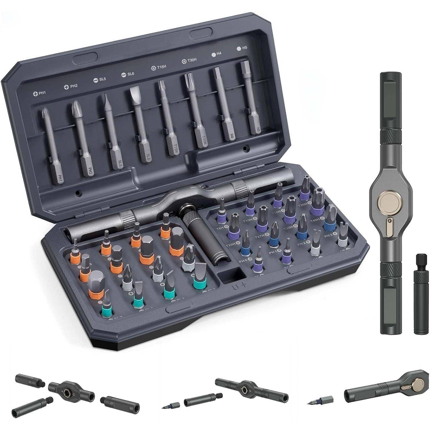 Eine Werkzeugausrüstung mit einem Präzisionsschraubendreher, verschiedenen Bits und einem Aufsatz, die in einem offenen Etui für Elektronikreparaturen angeordnet sind.