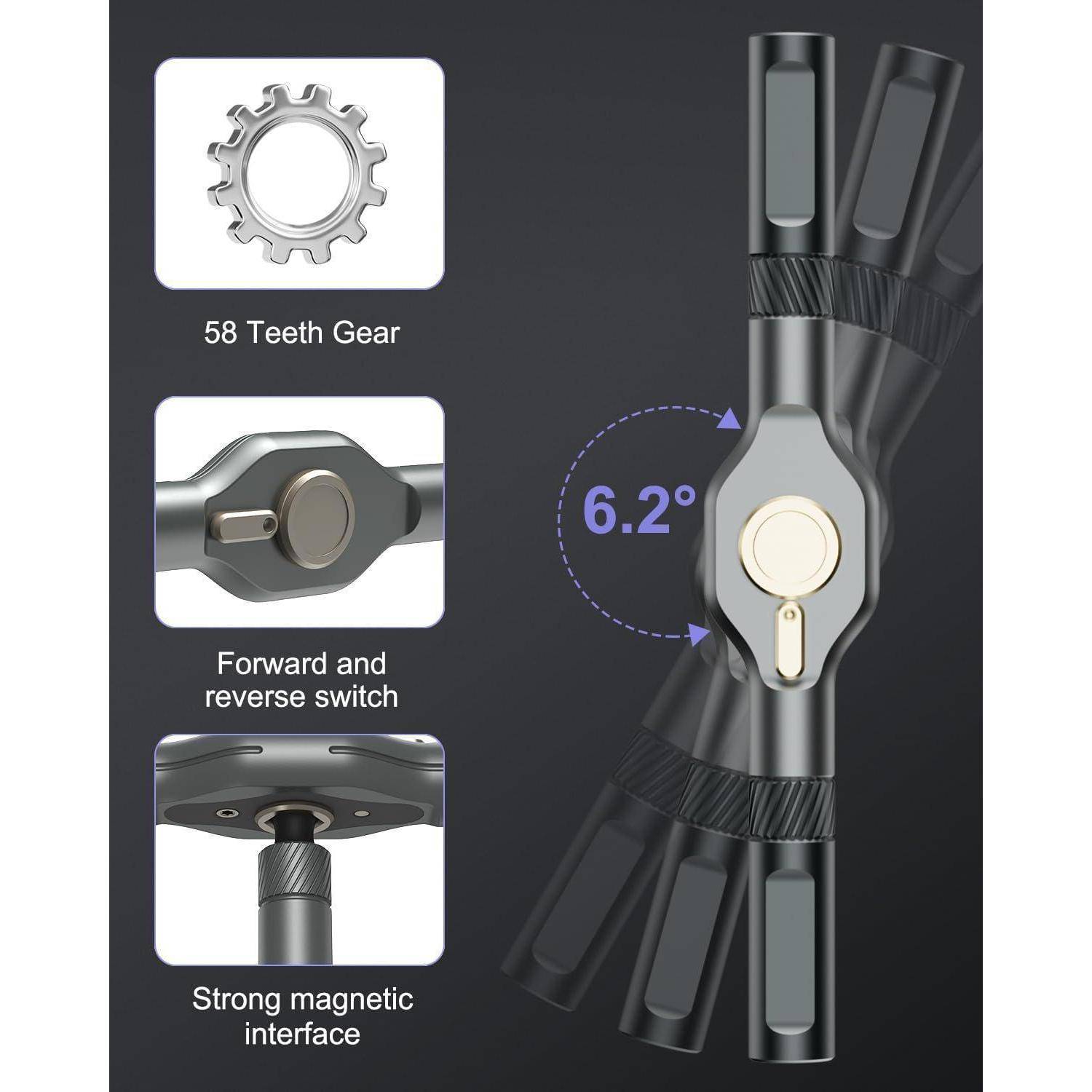 6,2°' Ratsche mit Zahnraddesign, 58-Zahn-Zahnrad, Vorwärts-/Rückwärtsschalter, starke magnetische Schnittstelle. Zeigt Funktion der Ratschengriff-Rotation.
