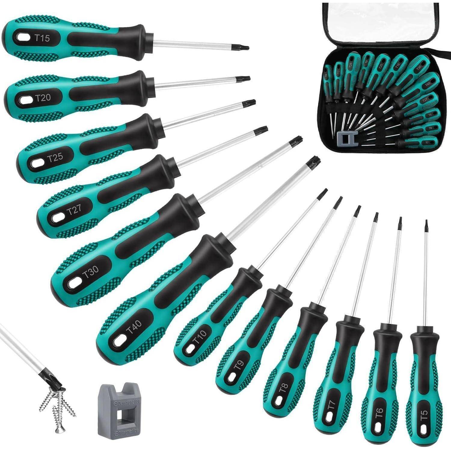 Schraubendreher-Set mit verschiedenen Größen, einschließlich Torx-Bits (T15-T40) und Kreuzschlitz-Schraubenziehern, präsentiert mit einer Aufbewahrungsbox und Halterung.