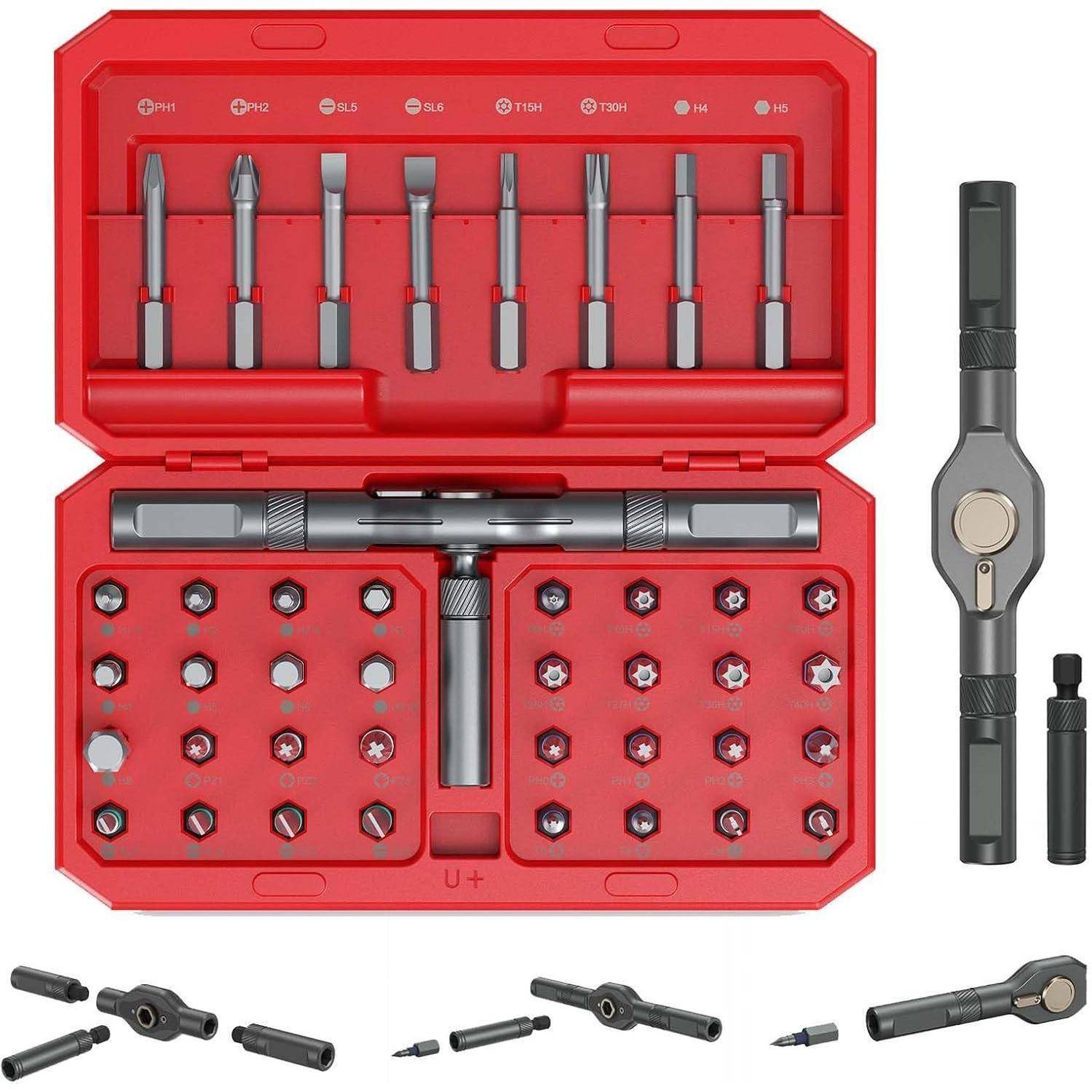 Eine rote Werkzeugkiste, die einen Präzisionsschraubendrehersatz mit verschiedenen Bits und Zubehörteilen enthält, entwickelt für detaillierte Reparatur- und Montagearbeiten.