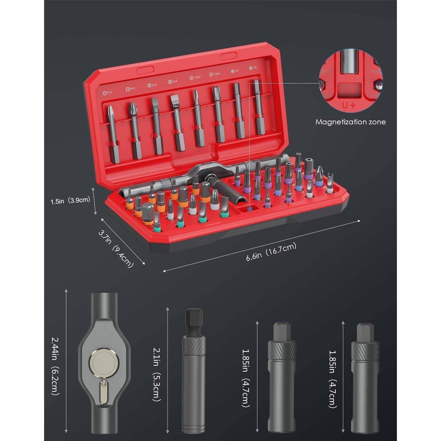 Rotes Werkzeugset mit mehreren Schraubendreher-Einsätzen und Magnetisierungszone. Abmessungen des Etuis: 9,1 Zoll (Breite), 6,6 Zoll (Tiefe), 1,5 Zoll (Höhe).