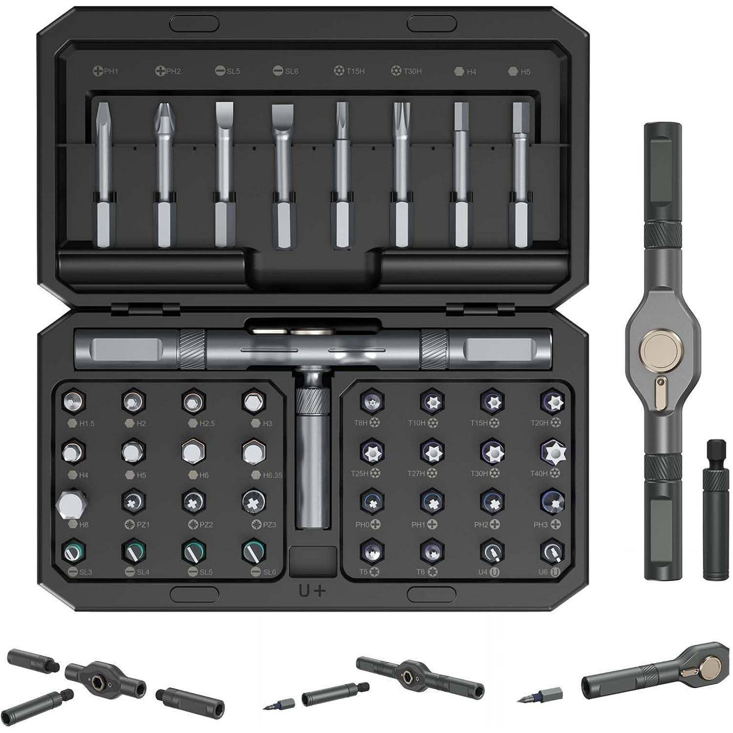Ein Präzisionsschraubendreher-Set mit mehreren austauschbaren Bits, die in einem geöffneten Etui ausgelegt sind. Enthält einen Griff und verschiedene Bitformen.