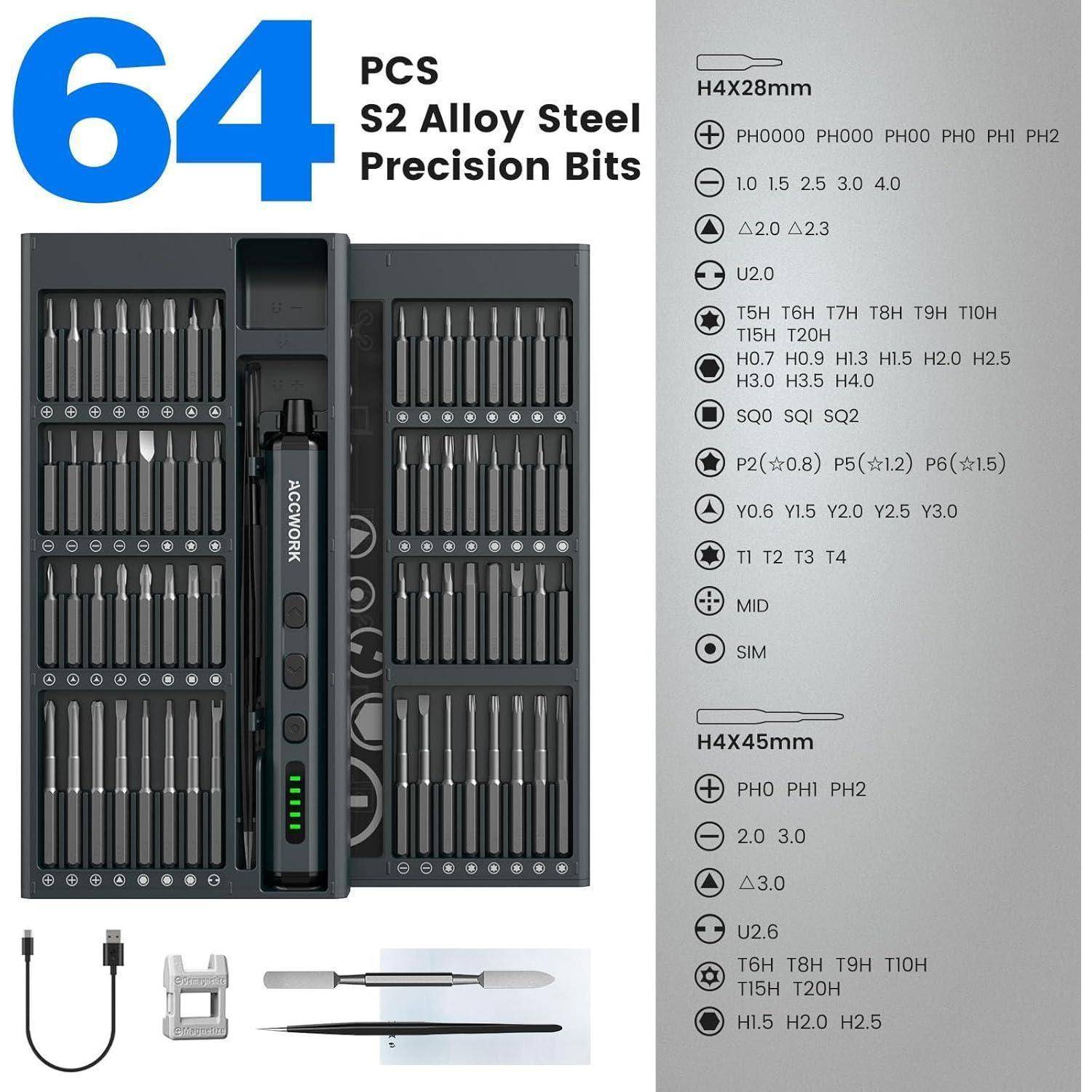 Elektrischer Präzisionsschraubendreher-Satz mit 64 S2-Legierungsstahl-Bits, USB-C-Ladekabel, Bedienungsanleitung und Hebewerkzeugen im Lieferumfang.