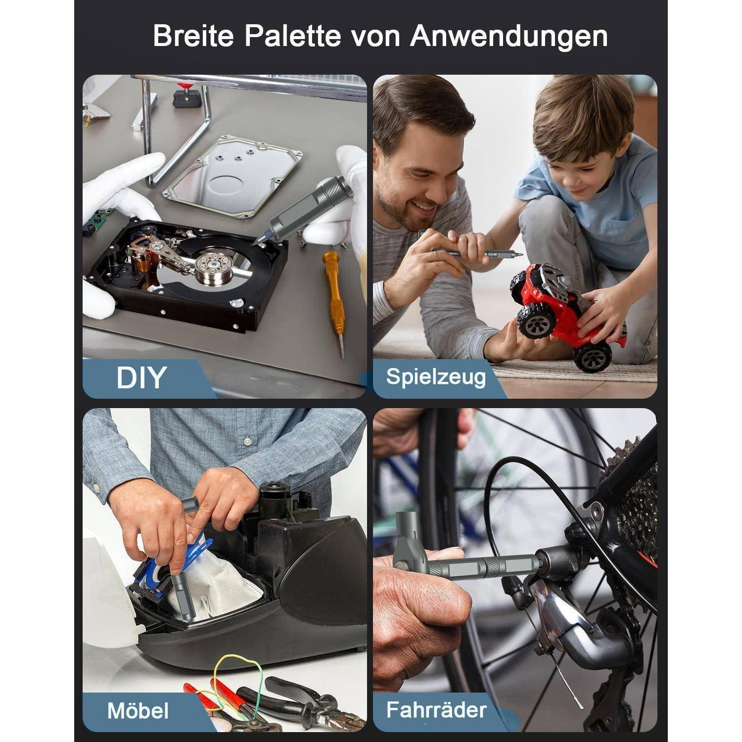 Breite Palette von Anwendungen': Vier Bilder, die verschiedene Anwendungen zeigen. Oben links: Elektronik-Reparatur. Oben rechts: Kind und Mann bauen Spielzeug zusammen. Unten links: Möbelaufbau. Unten rechts: Fahrradbremse einstellen.