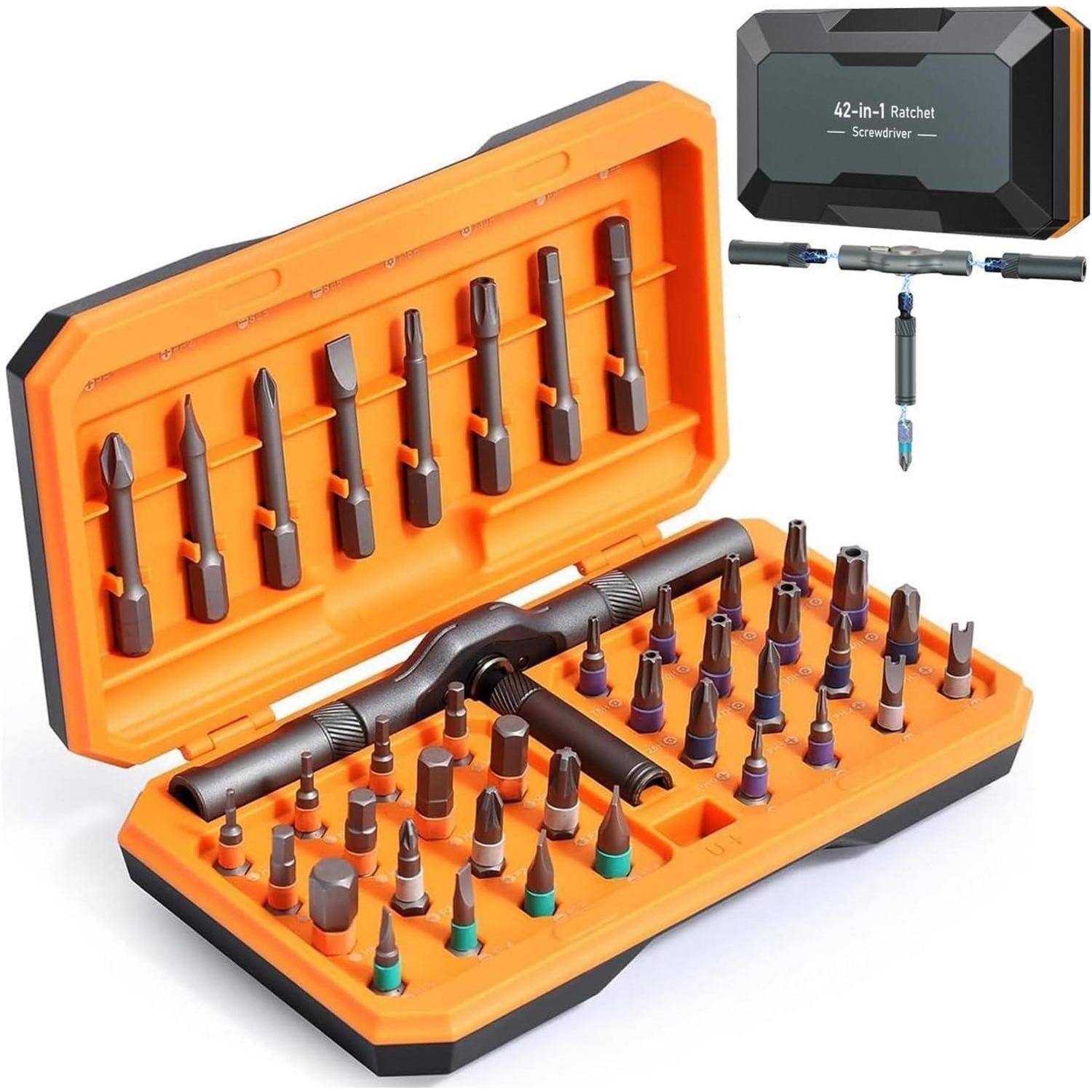 42-in-1 Ratschenschraubendreher-Set mit orangefarbener Tasche, das verschiedene Schraubendreher-Bits und einen Ratschengriff für vielseitige Reparaturen zeigt.