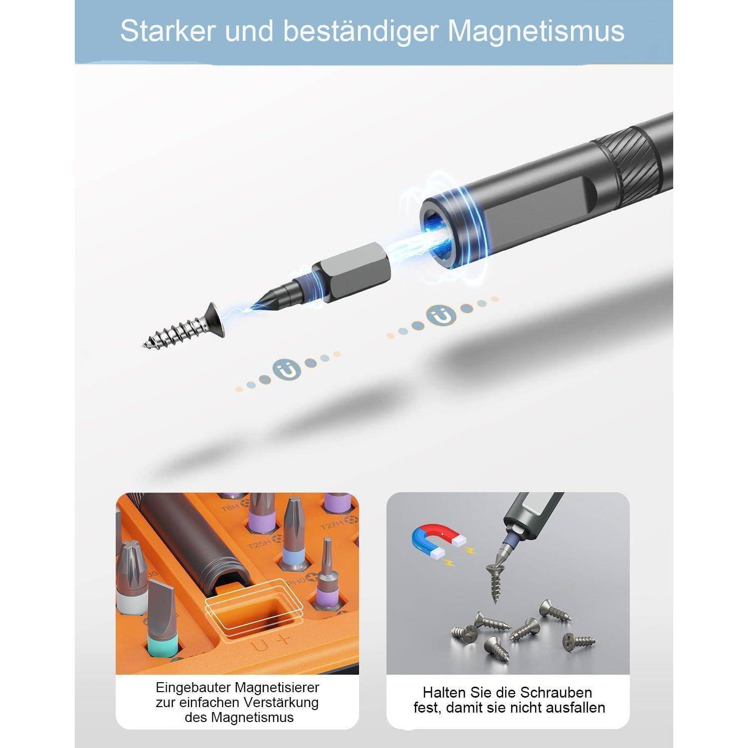 Das Bild präsentiert einen Schraubendreher mit starken magnetischen Eigenschaften. Der Haupttext lautet ‚Starker und beständiger Magnetismus'. Eingesetzte Bilder zeigen ein Magnetisierungswerkzeug und dessen Wirkung.