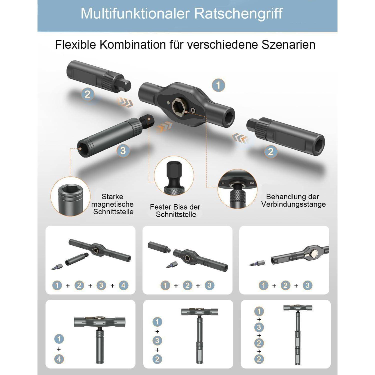 Multifunktionaler Ratschengriff mit auswechselbaren Werkzeugspitzen. Ausgestattet mit starken magnetischen und festen Griffeigenschaften für vielseitige Einsatzmöglichkeiten.