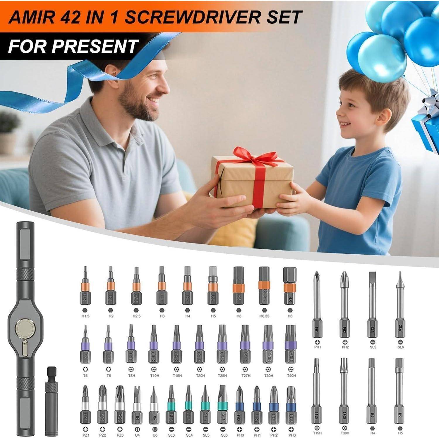 Mann und Kind, die ein verpacktes Geschenk austauschen, Text oben links lautet: 'Amir 42-in-1 Schraubendreher-Set als Geschenk'. Darunter ein Bild mit mehreren Schraubendreher-Aufsätzen und einem Griff.
