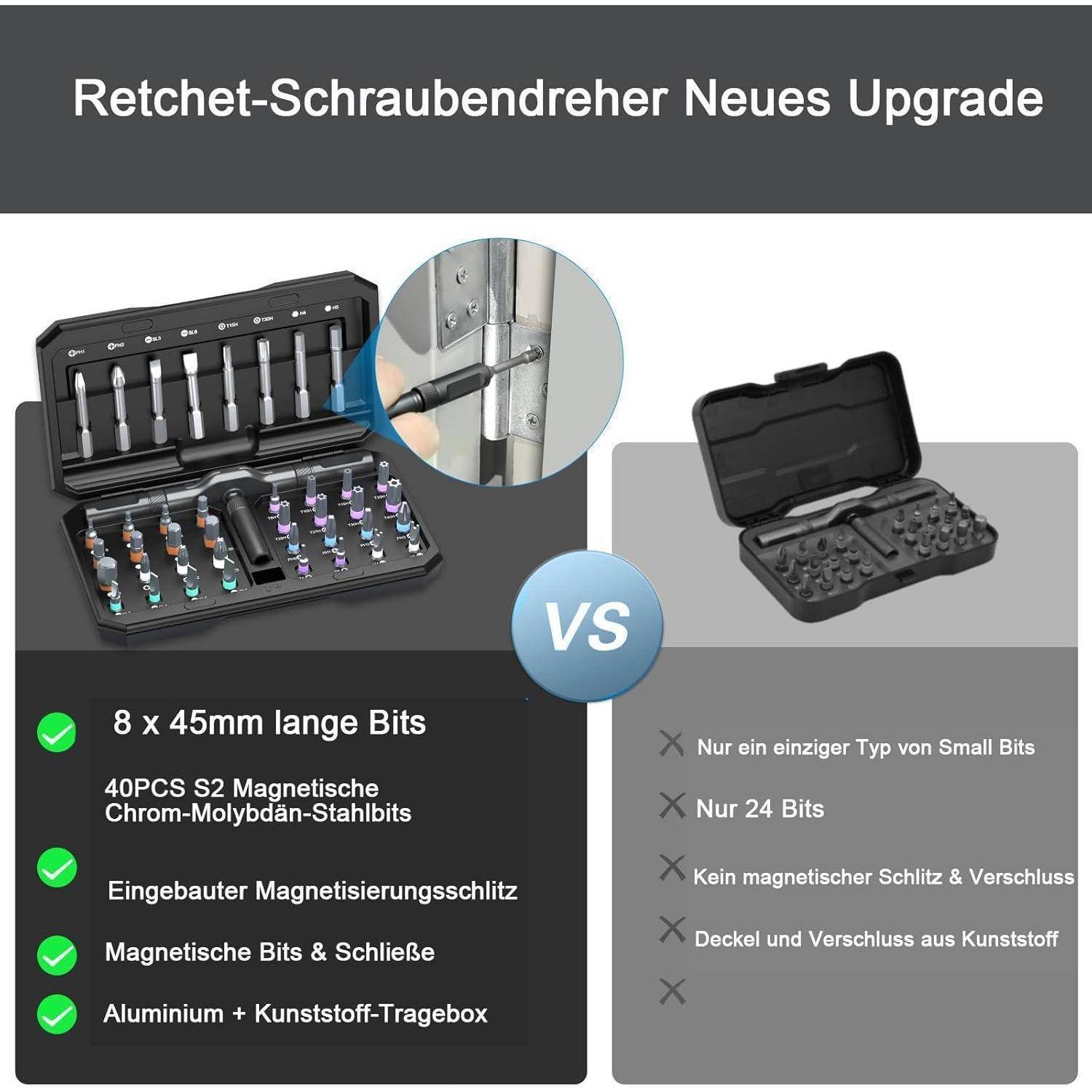 "Ratschenschraubendreher Neues Upgrade" Bild mit Vergleich zweier Werkzeugsätze. Links: Upgrade-Set mit 8 Bits, Magnetismus, Aluminiumkoffer. Rechts: Basis-Set mit 24 Bits, kein Magnetismus, Plastikkoffer.