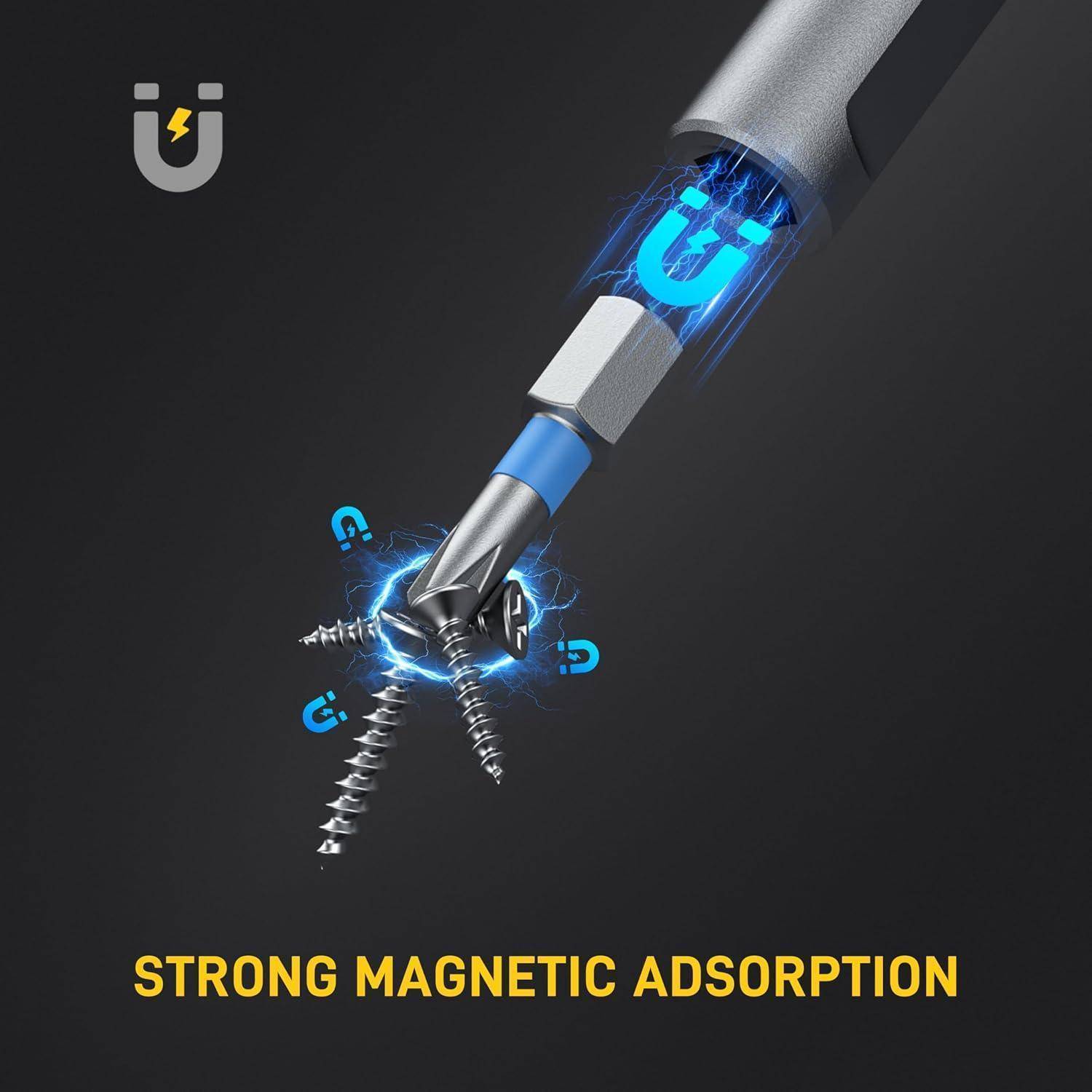 Ein Bohrereinsatz zieht Schrauben magnetisch an. Text darunter liest sich „Starke magnetische Adsorption