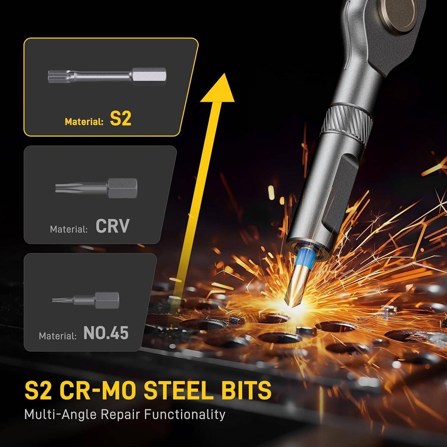 S2 CR-MO Stahlbits' Schraubendreher mit Mehrfachwinkel greift Oberfläche und demonstriert Reparatur. Etiketten: 'S2', 'CRV', 'NO.4S'.