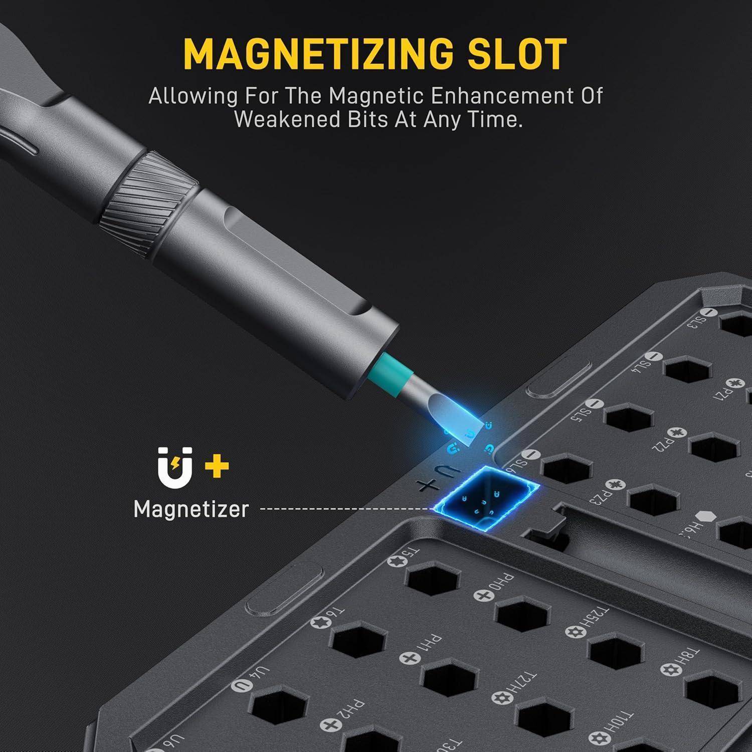 Die Spitze eines Schraubenziehers wird mithilfe eines speziellen Schlitzes in einer Werkzeugausrüstung magnetisiert, wobei die Einfachheit der Verstärkung der Werkzeugmagnetisierung hervorgehoben wird.