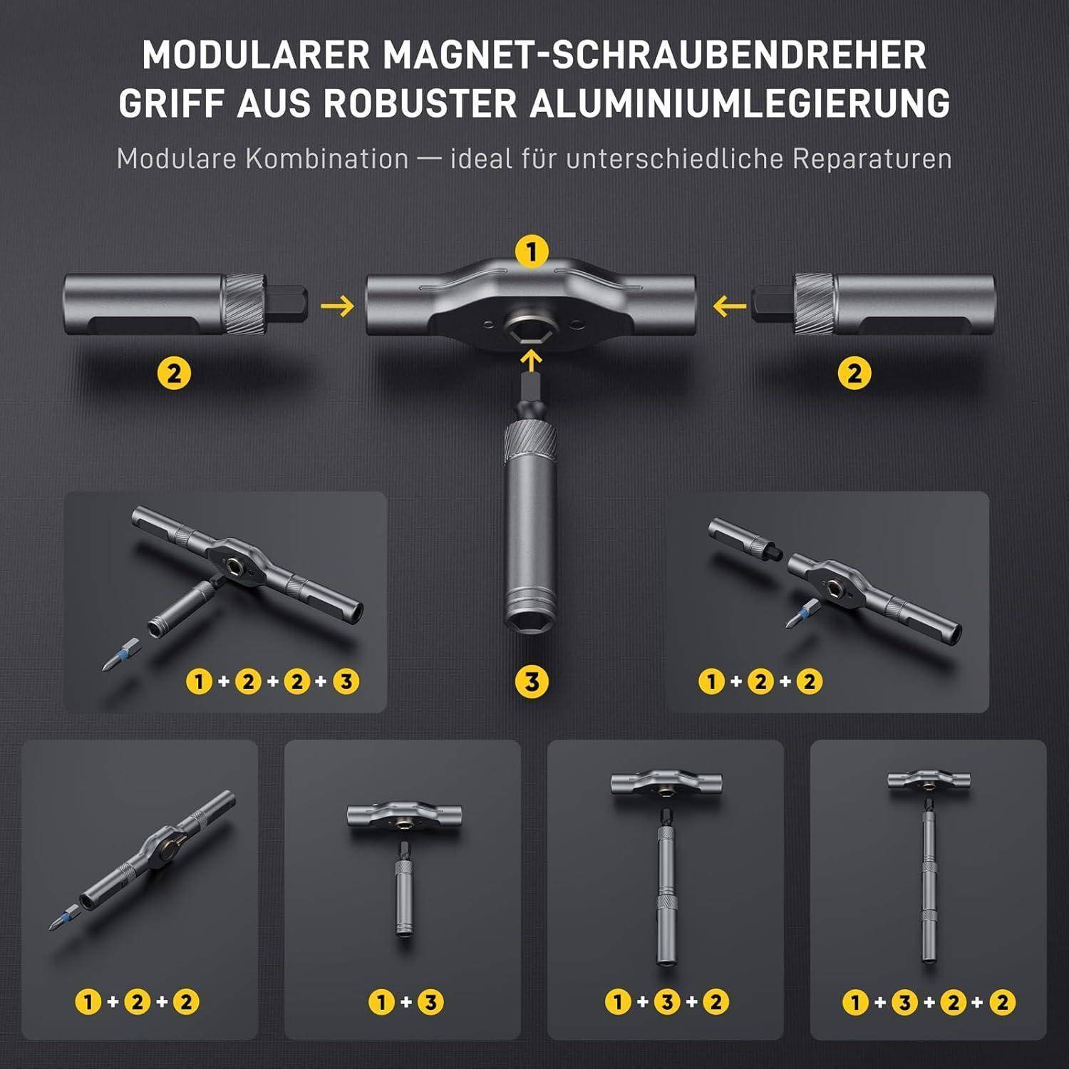 Modularer Magnetschraubendreher-Griff aus robuster Aluminiumlegierung. Diagramm zeigt, wie Teile für verschiedene Reparaturanwendungen kombiniert werden können.