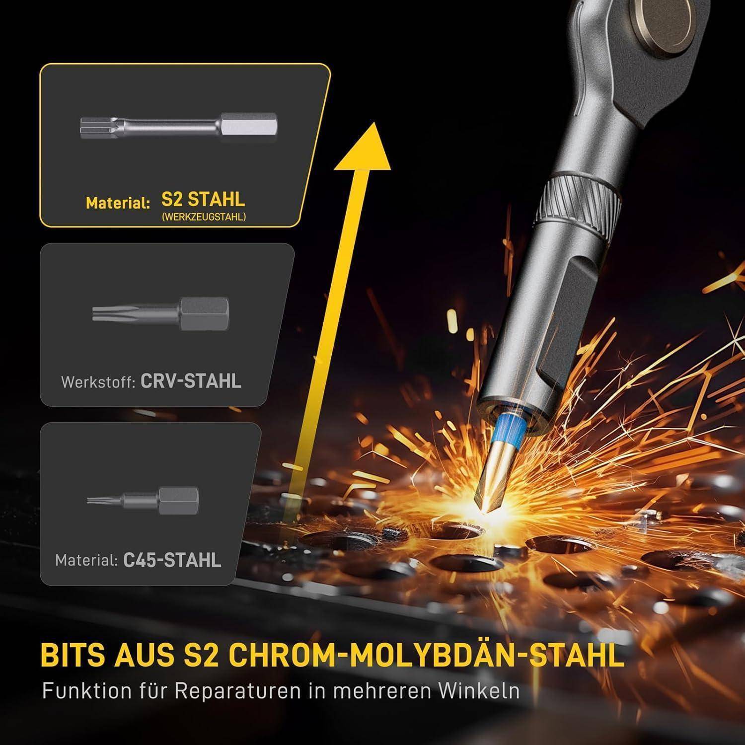 Eine Nahaufnahme eines Mehrwinkel-Schraubenziehers mit Bits. Etiketten heben Materialien hervor: S2-Stahl, CRV-Stahl, C45-Stahl. Text auf Deutsch beschreibt die Funktionalität.