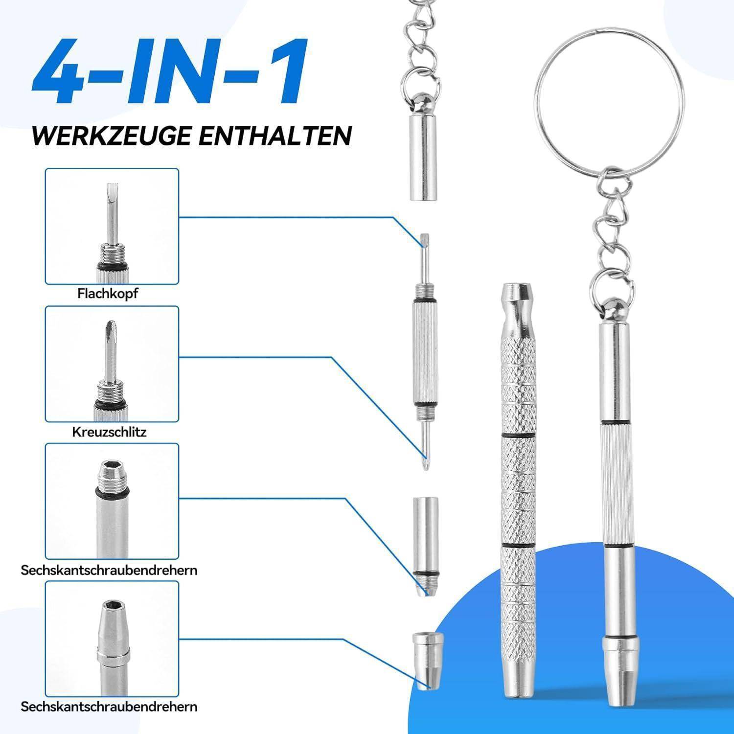 4-in-1 Werkzeuge Enthalten': Flachkopf, Kreuzschlitz, zwei Sechskantschraubendreher, abgebildet mit Schlüsselanhänger.