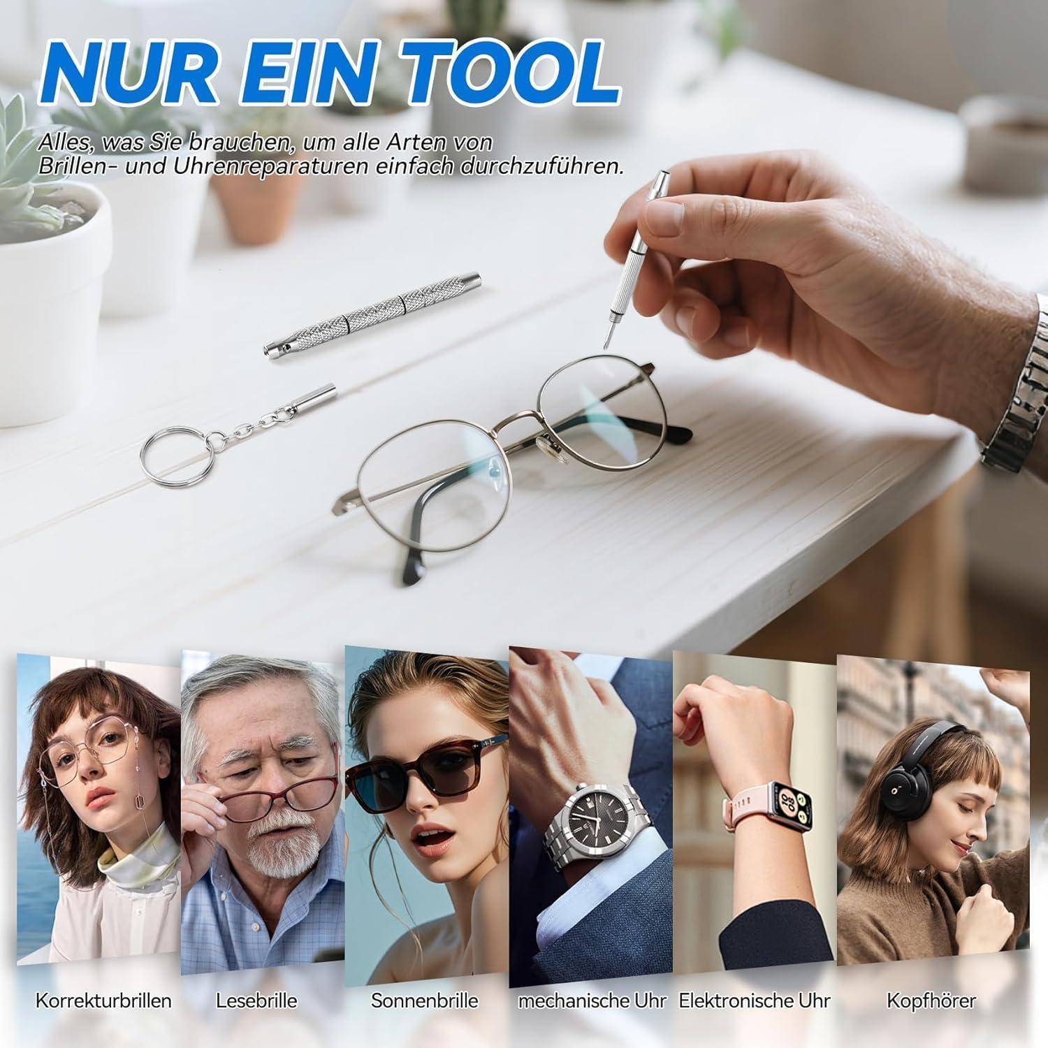 Eine Hand, die ein Multitool über Brillen hält, mit den Worten 'NUR EIN TOOL'. Darunter befinden sich Bilder verschiedener Brillen und einer Uhr.