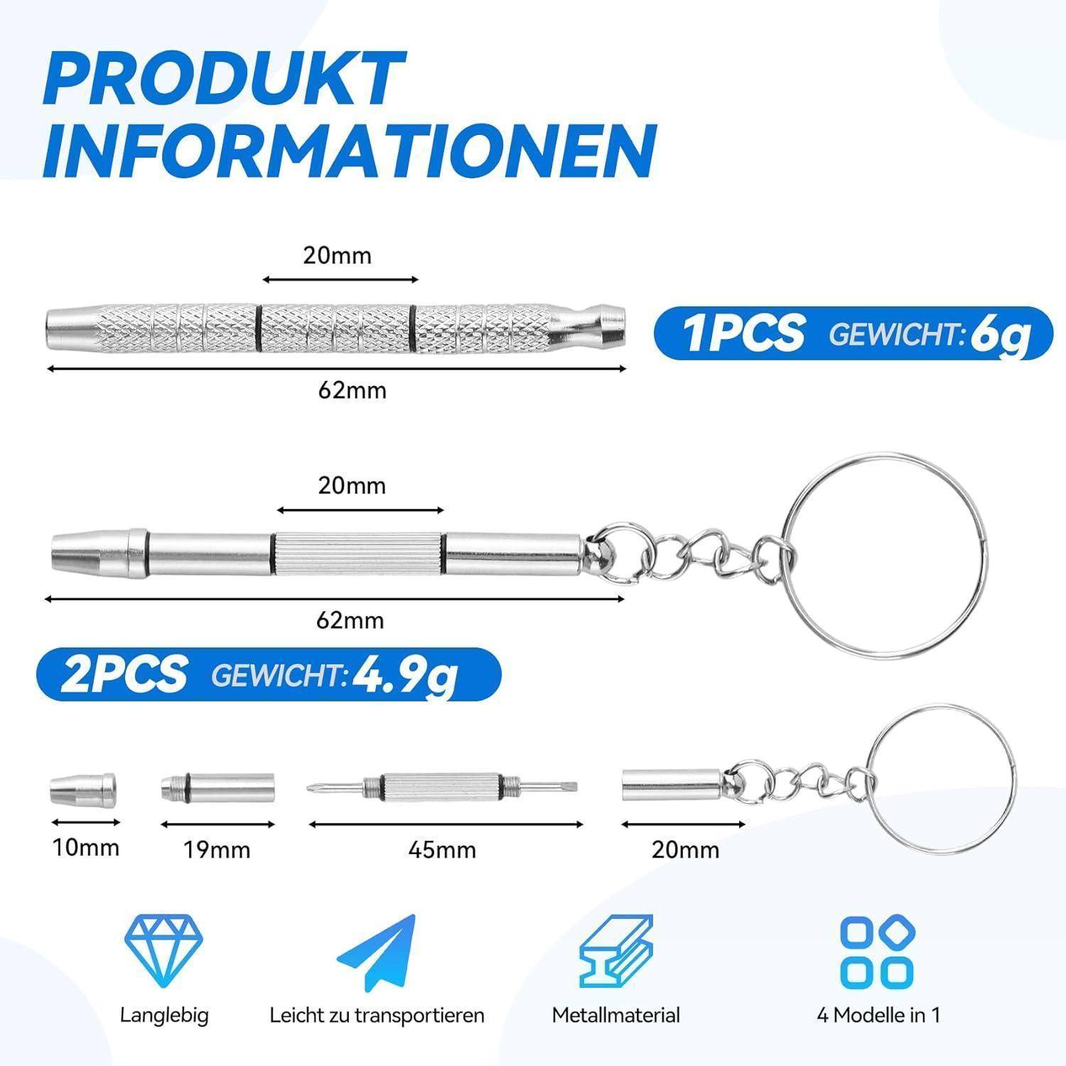 Produktinformation: Schlüsselwerkzeug, 62 mm Länge, 6 g Gewicht, in Metall mit Schlüsselring gezeigt. Erhältlich in Sets von 1 oder 2 Stück, 4 Modelle.