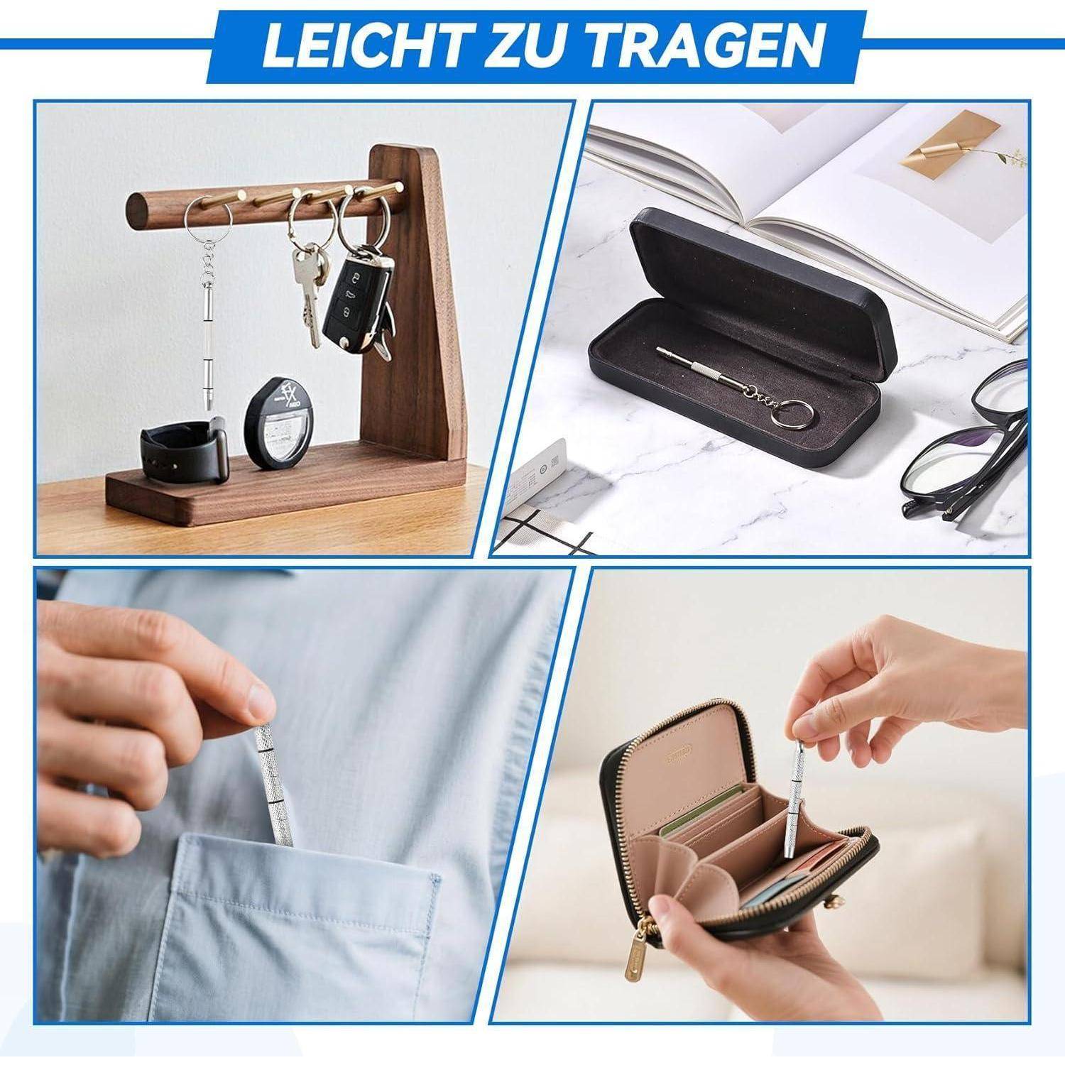 Tragbares Schlossöffnungs-Set am Schlüsselanhänger: auf einem Ständer organisiert, in einem Etui verstaut, passt in die Tasche und in den Geldbeutel. ‚Leicht zu tragen' bedeutet ‚easy to carry'.