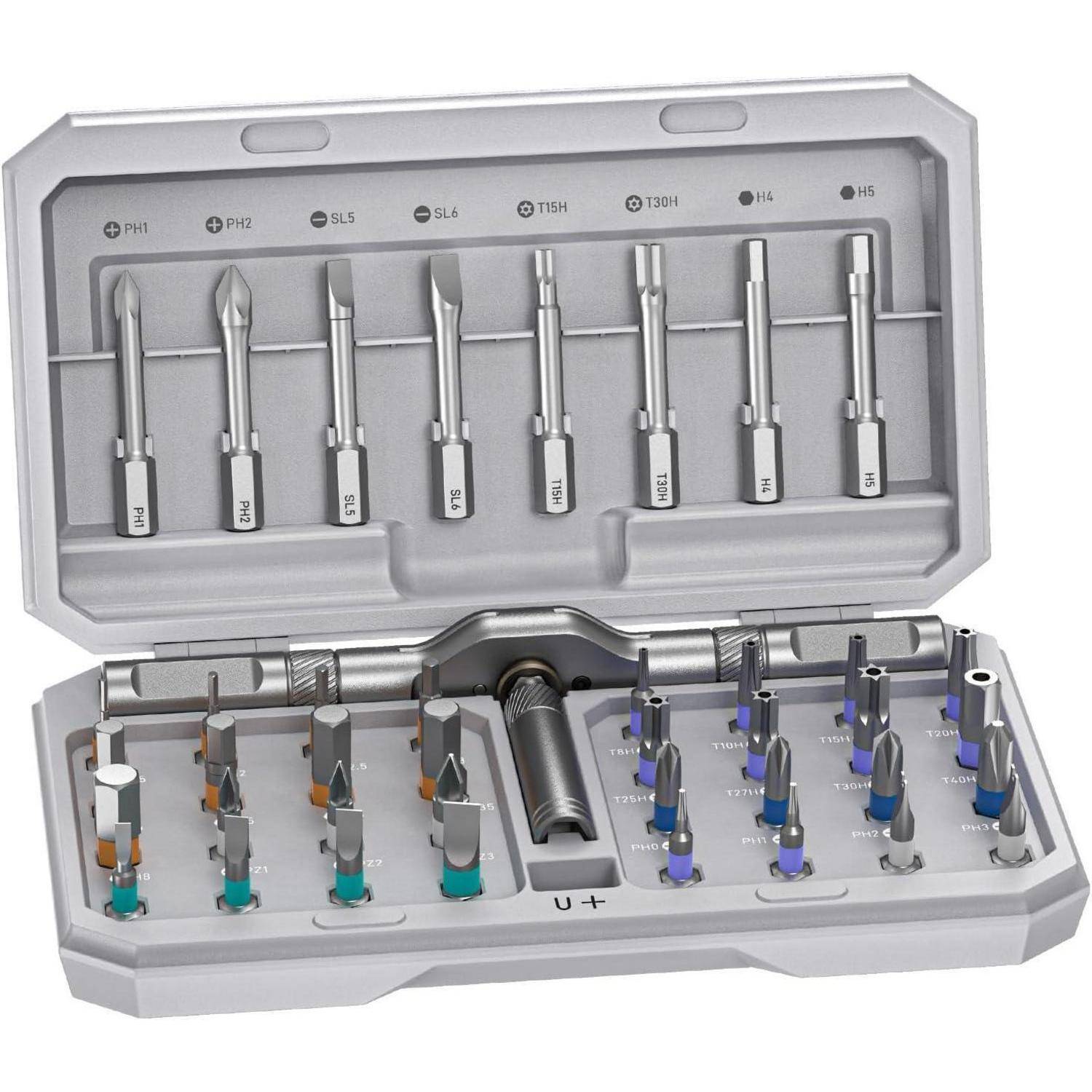 Ein kompaktes Set verschiedener Schraubendreher-Bits, in einer beschrifteten Box organisiert, das verschiedene Typen und Größen für vielseitigen Einsatz präsentiert.