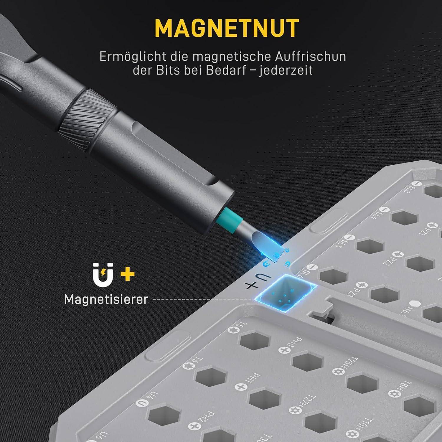 Ein Schraubendreher-Bit, das eine Schraube magnetisiert, mit der Beschriftung 'MAGNETISCHE NUT - Ermöglicht die magnetische Aufrischung der Bits bei Bedarf - jederzeit.