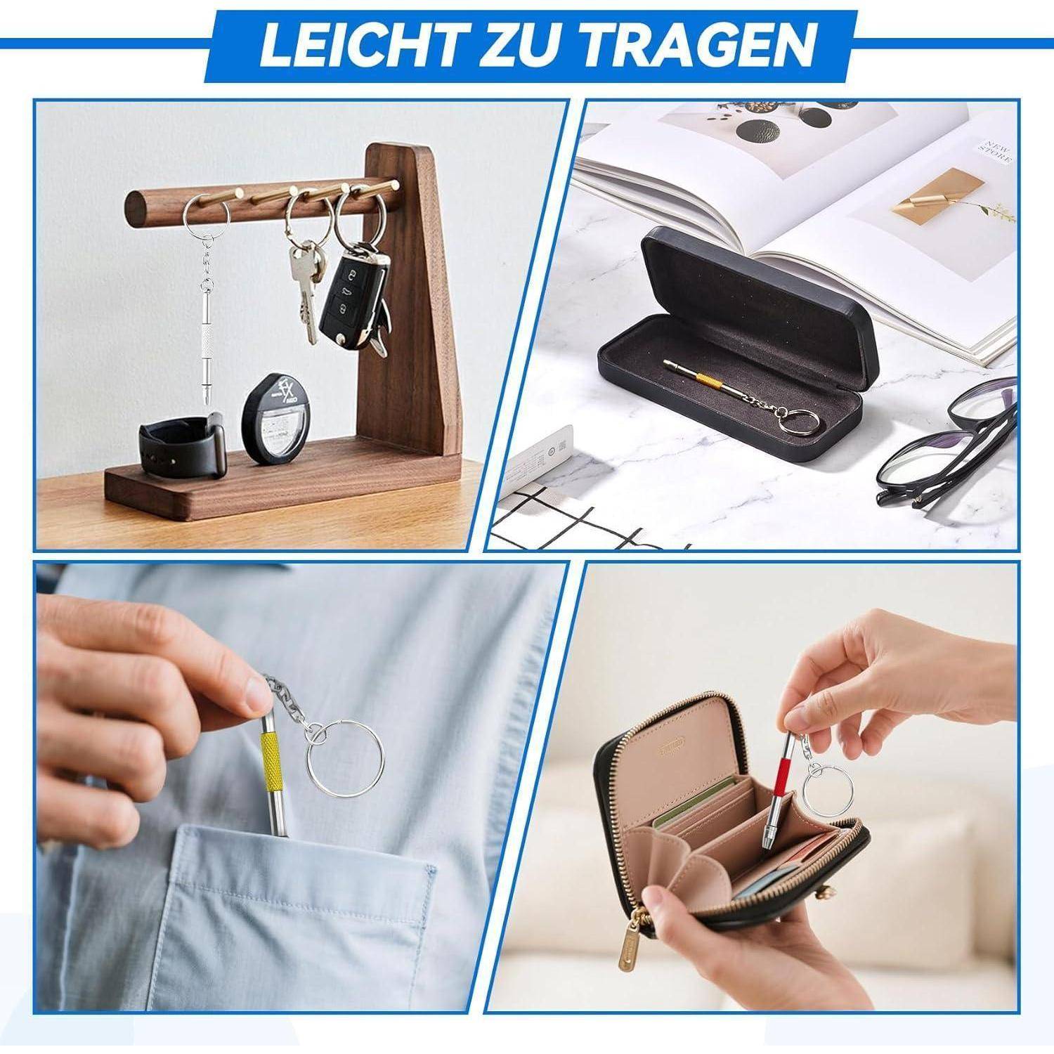 Eine Schlüsselkette mit einem schwarzen und einem roten Stift wird in verschiedenen Nutzungsszenarien gezeigt: auf einem Ständer, in einem Etui, in einer Tasche und in einem Portemonnaie.