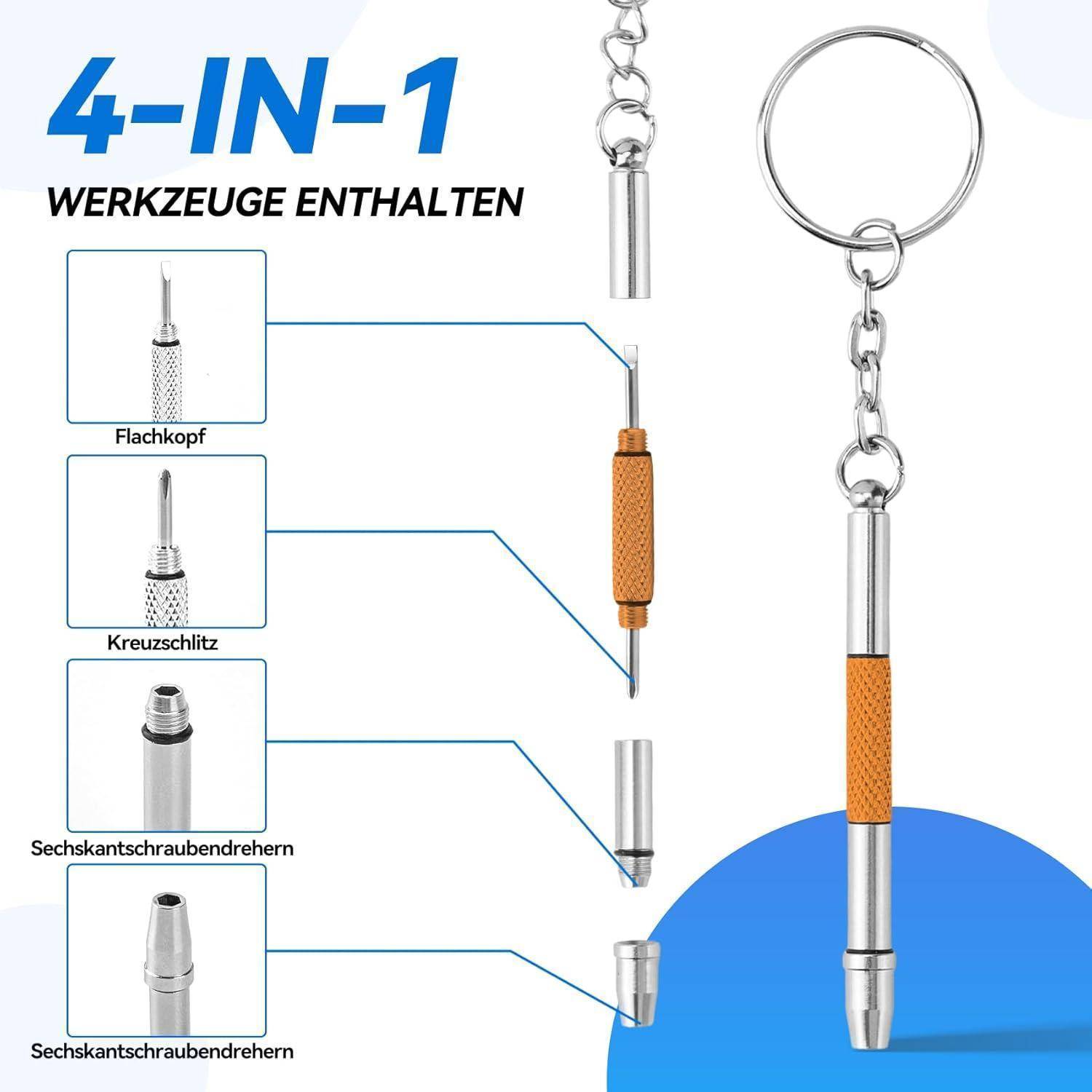 Schlüsselanhänger-Werkzeugsatz; umfasst Schraubendreher-Aufsätze für 'Schlitz', 'Kreuzschlitz' und 'Sechskant'. Beschriftete Skizze mit Einzelteilen.