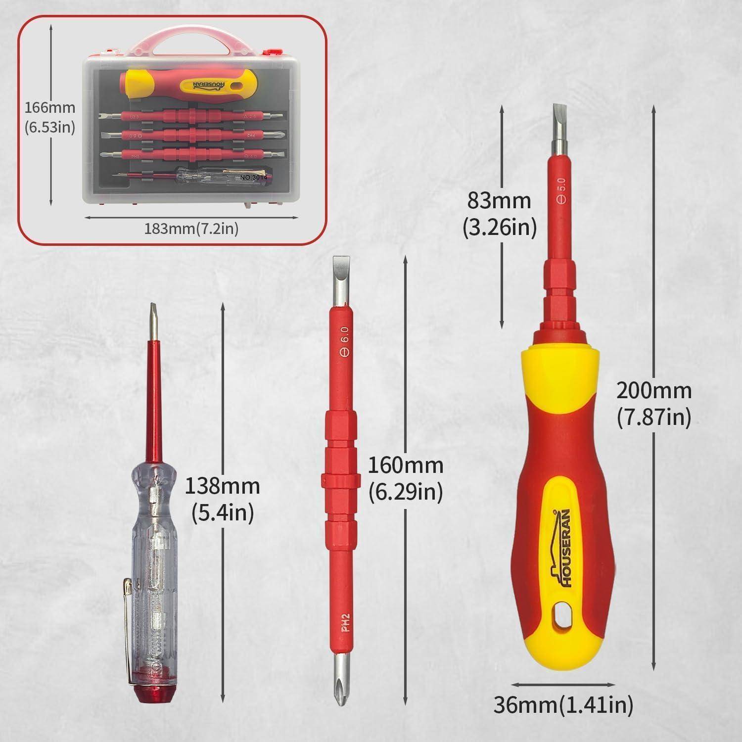 4-in-1 Präzisions-Schraubendreher'-Set mit Etui und Abmessungen gezeigt. Enthält Kreuzschlitz- und Schlitzschraubendreher mit ergonomischen Griffen.