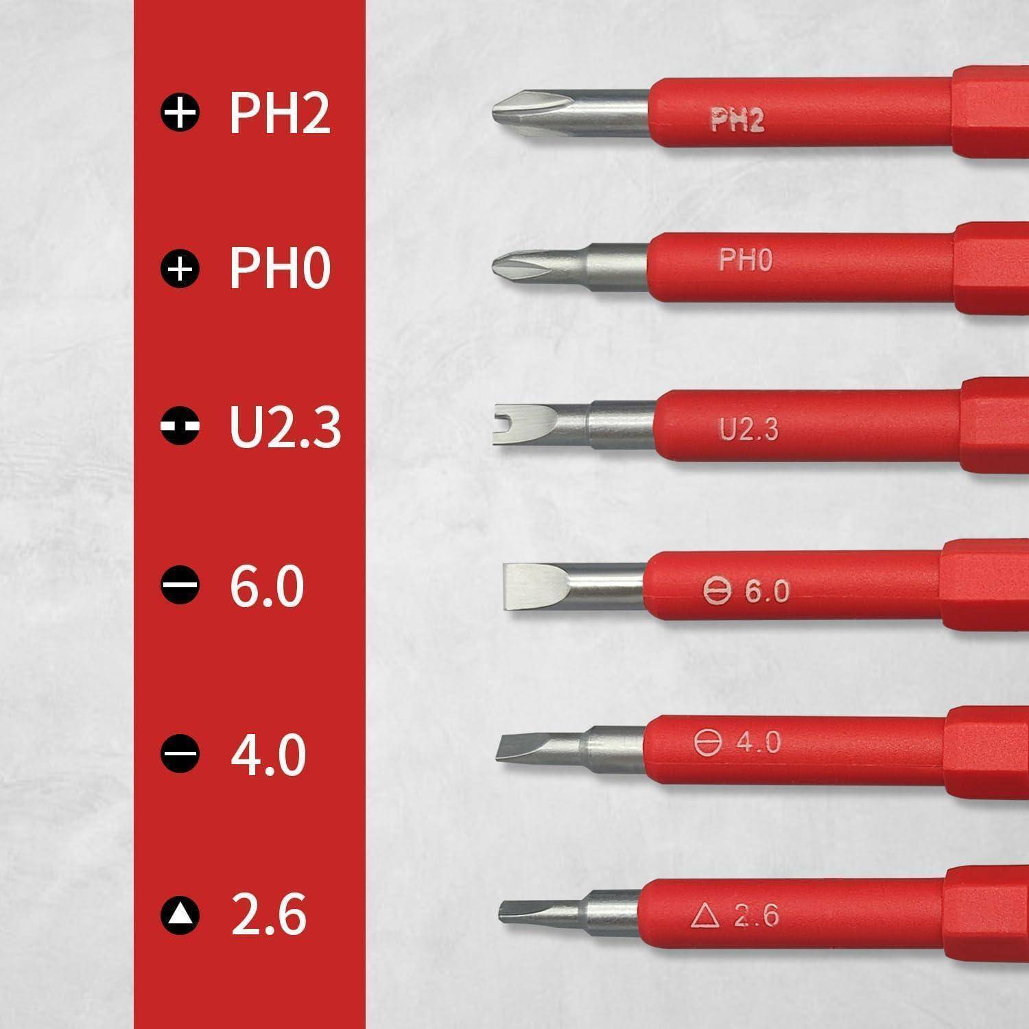 Satz von sechs roten Schraubenzieherbits mit verschiedenen Typen: PH2, PH0, U2.3, 6.0, 4.0 und 2.6, horizontal nebeneinander angeordnet mit Beschriftungen.