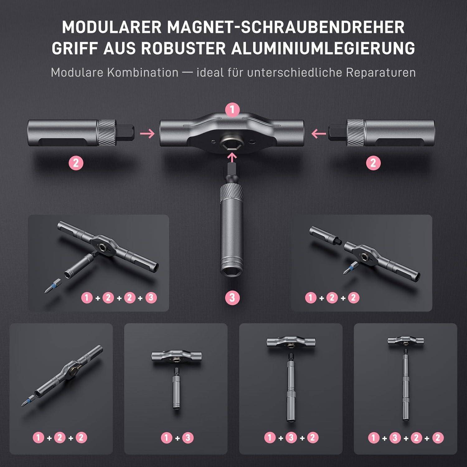 Der modulare Magnet-Schraubendreher Griff aus robuster Aluminiumlegierung bietet vielseitige Einsatzmöglichkeiten für unterschiedliche Reparaturen und ermöglicht durch sein austauschbares Design flexible Anwendungen.